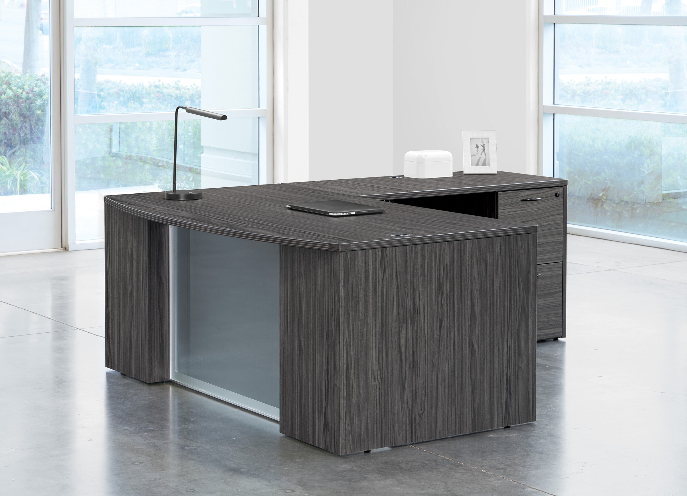 Napa L-Shape w/ Bow Top Desk and Glass Modesty Panel 71" x 88" - Slate Grey