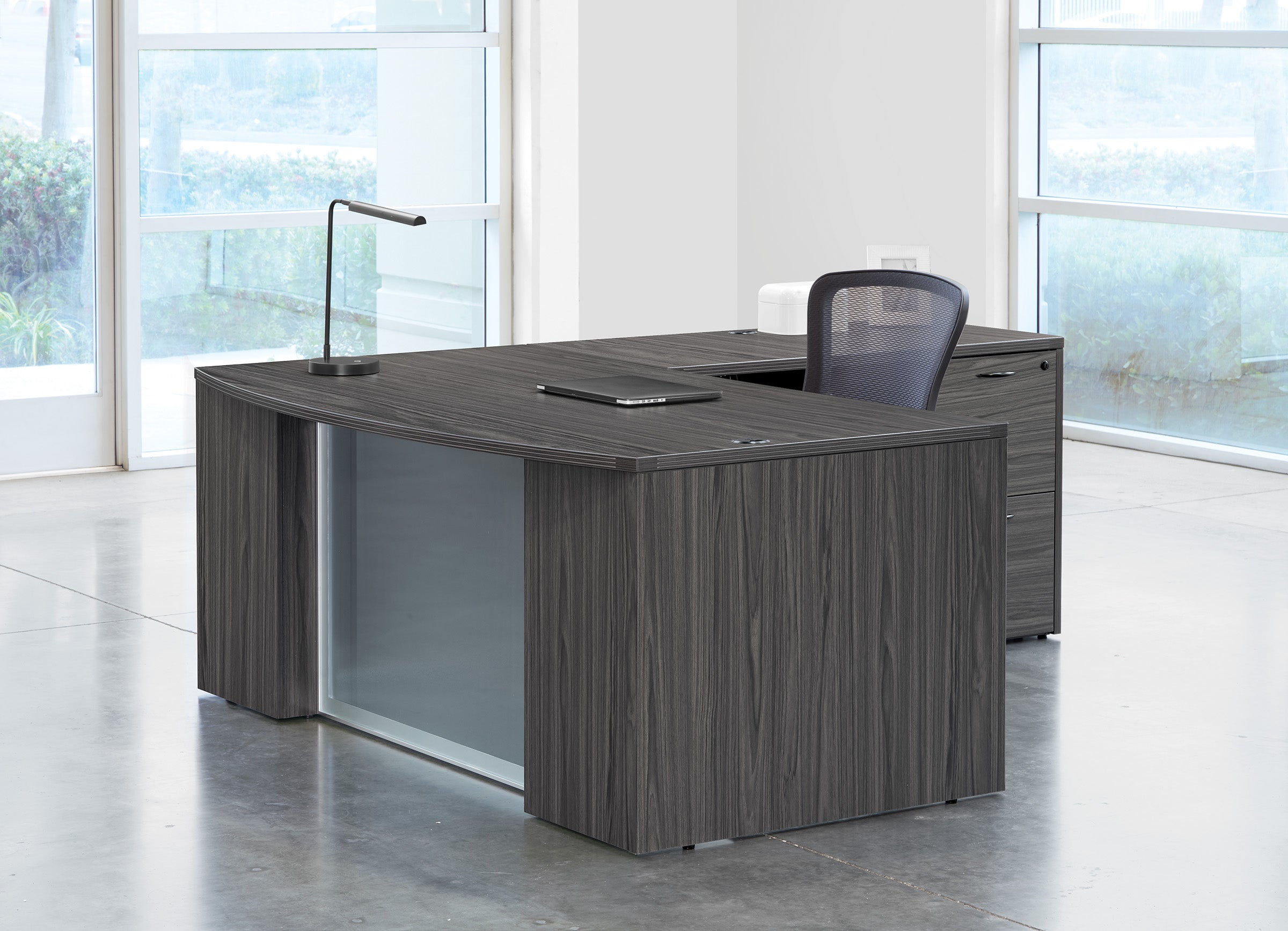Napa L-Shape w/ Bow Top Desk and Glass Modesty Panel 71" x 88" - Slate Grey