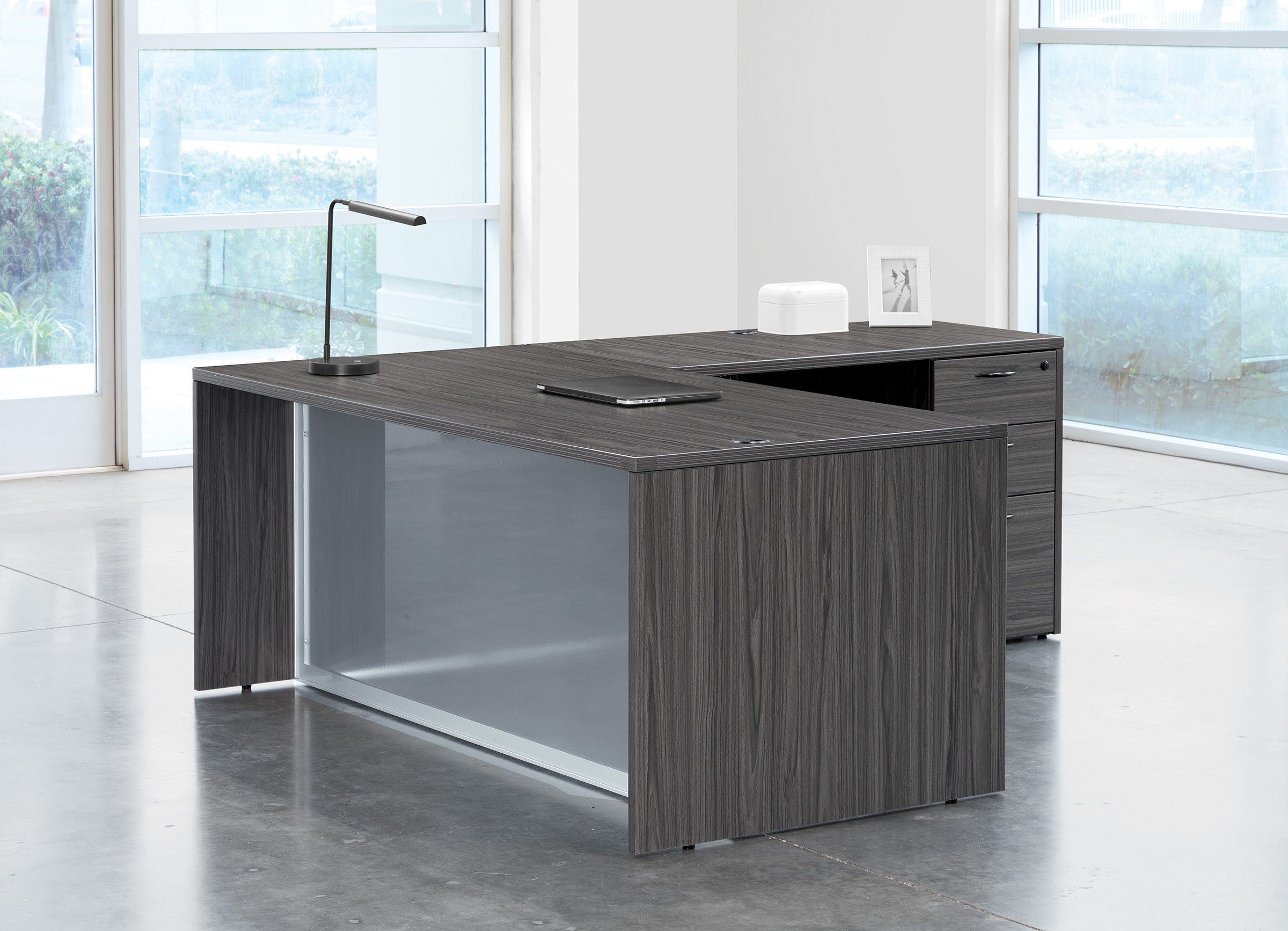 L-Shape W/Glass Modesty Panel 71" x 84" - Slate Grey