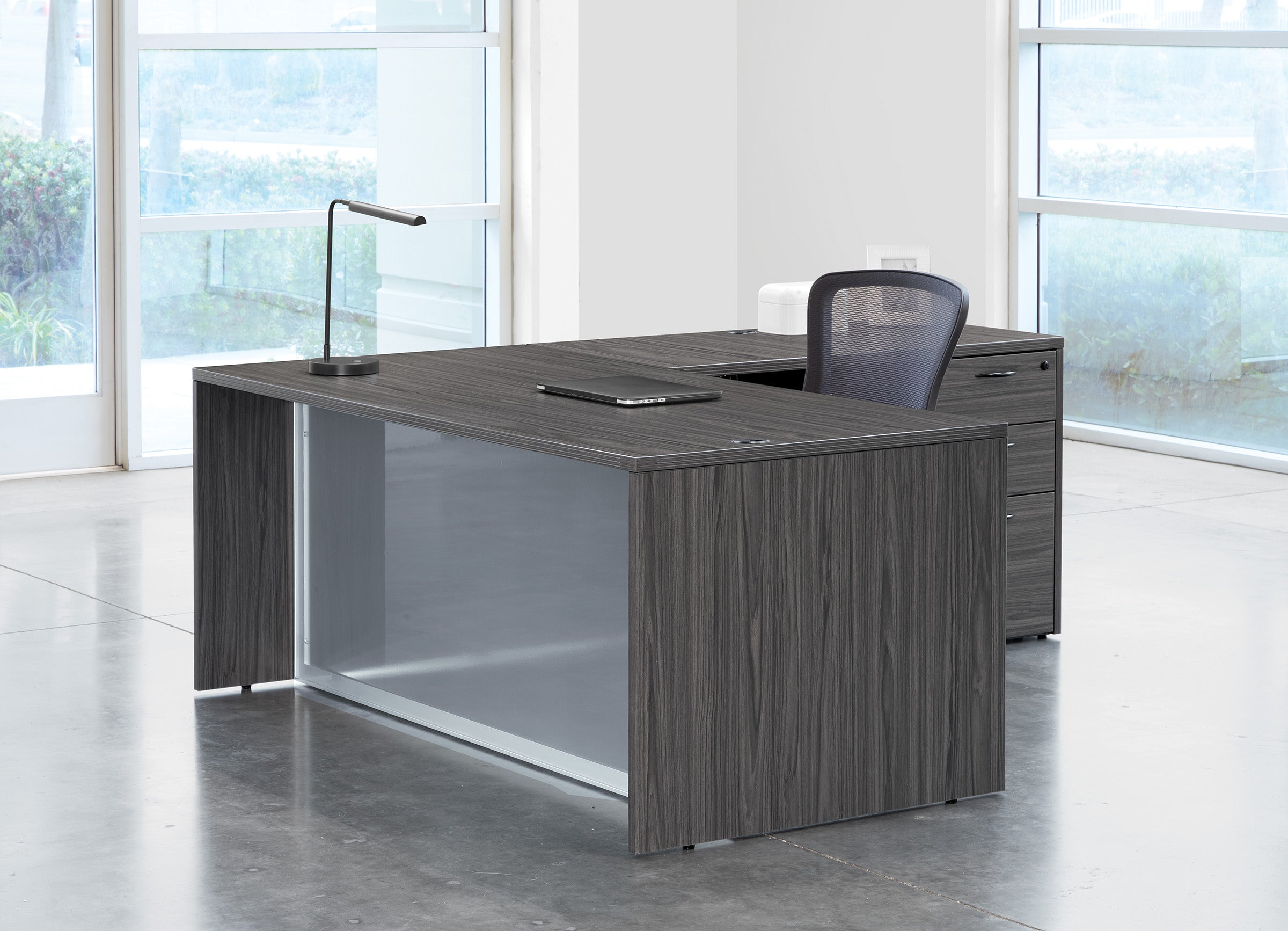 L-Shape W/Glass Modesty Panel 71" x 84" - Slate Grey