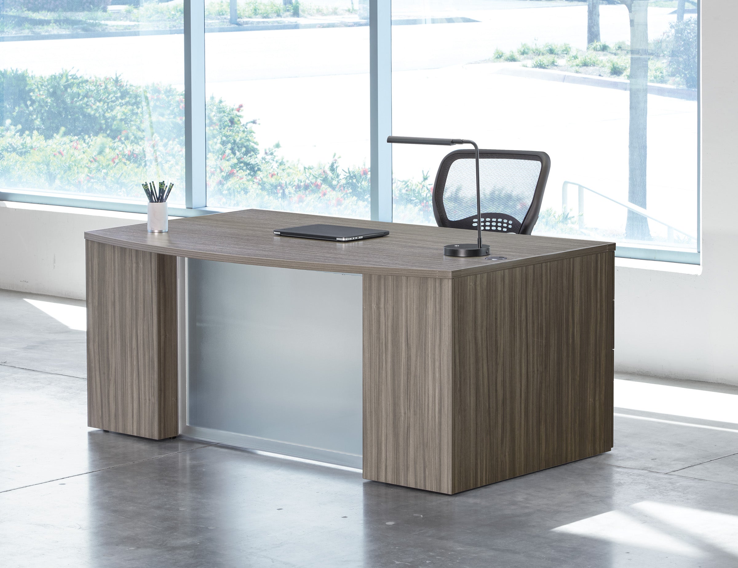 Napa Bow Top Desk with Modesty Panel 71" x 40" - Urban Walnut