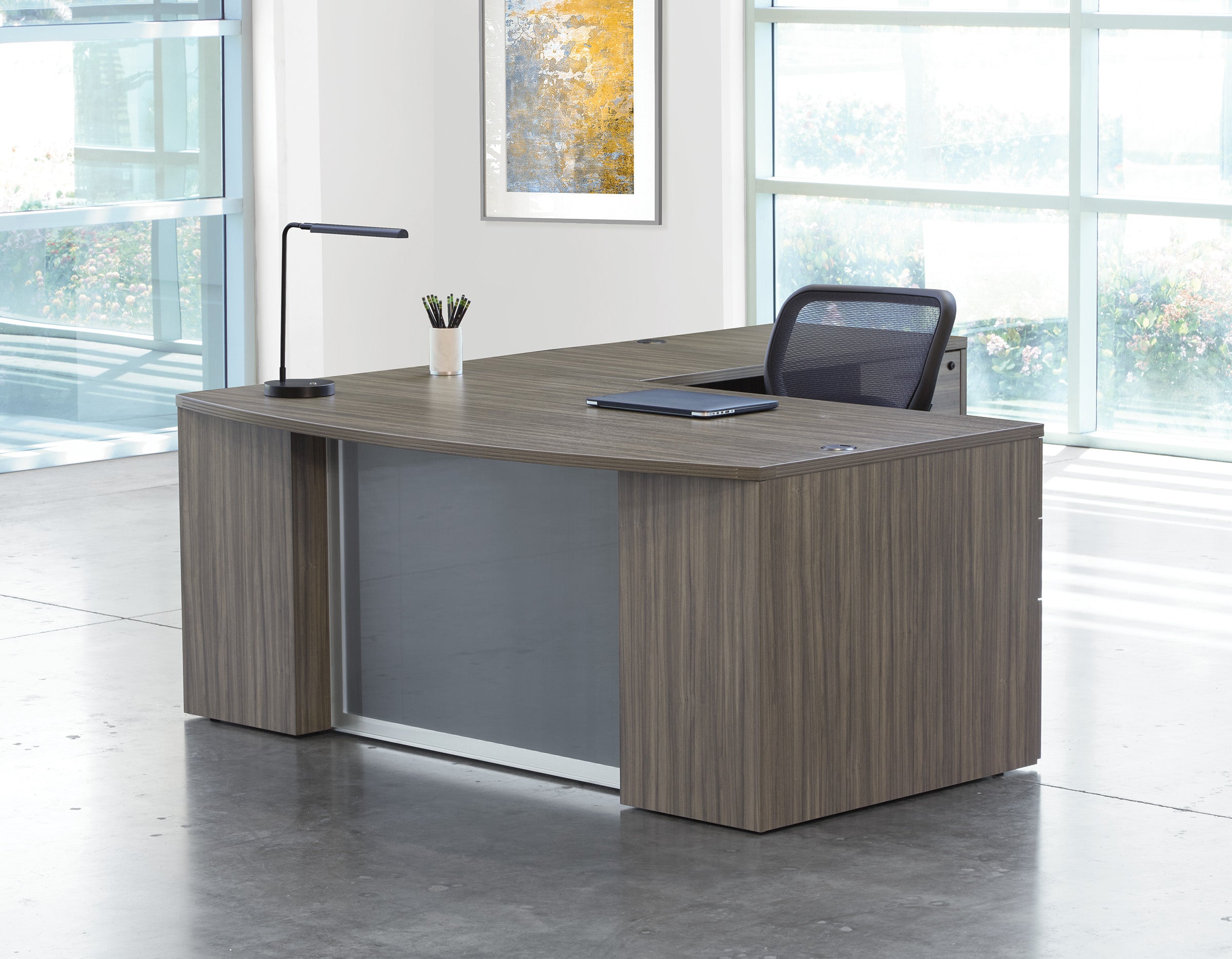 Napa L-Shape w/ Bow Top Desk and Glass Modesty Panel 71" x 88" - Urban Walnut