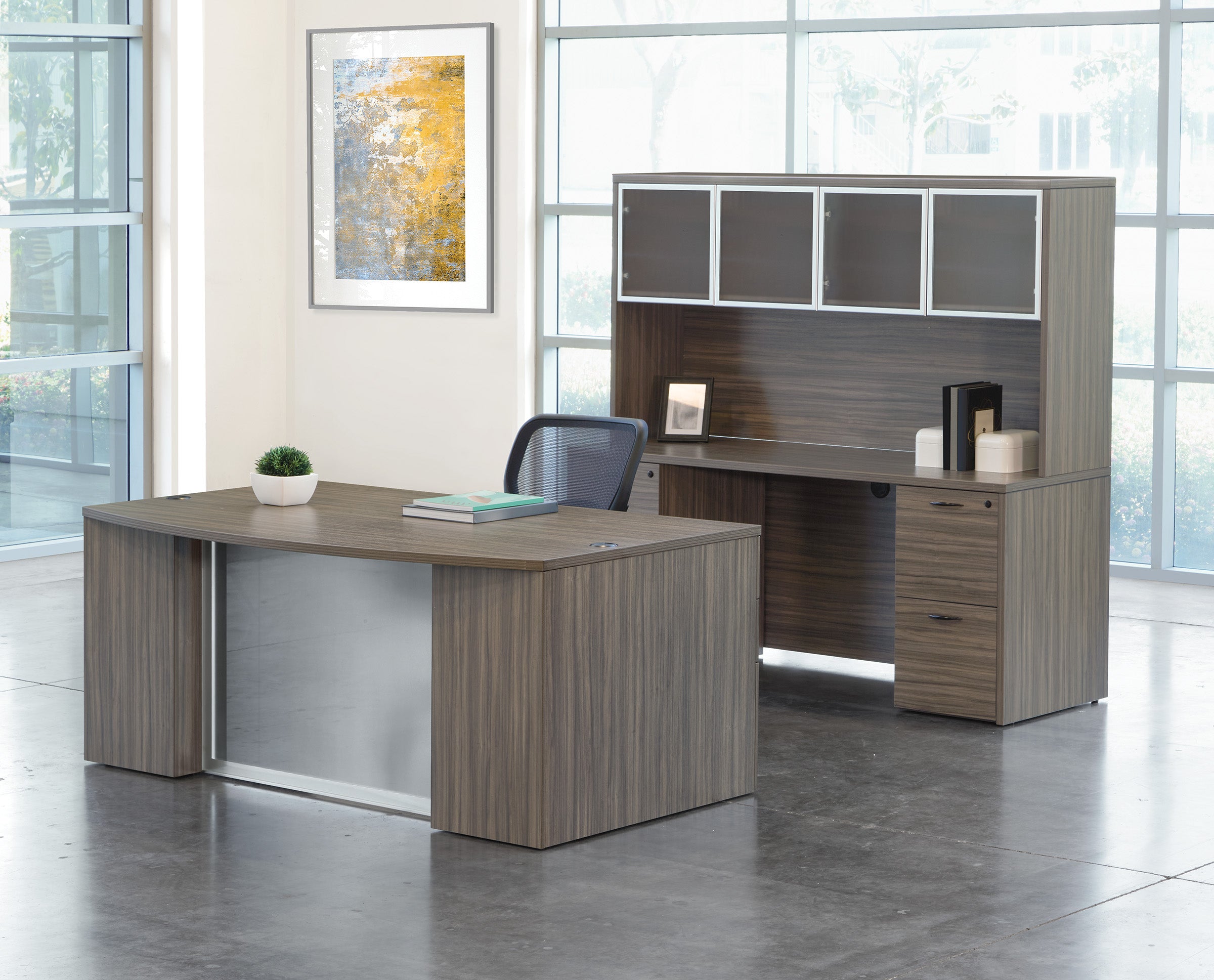 Napa Executive Office with Glass Modesty Panel - Urban Walnut