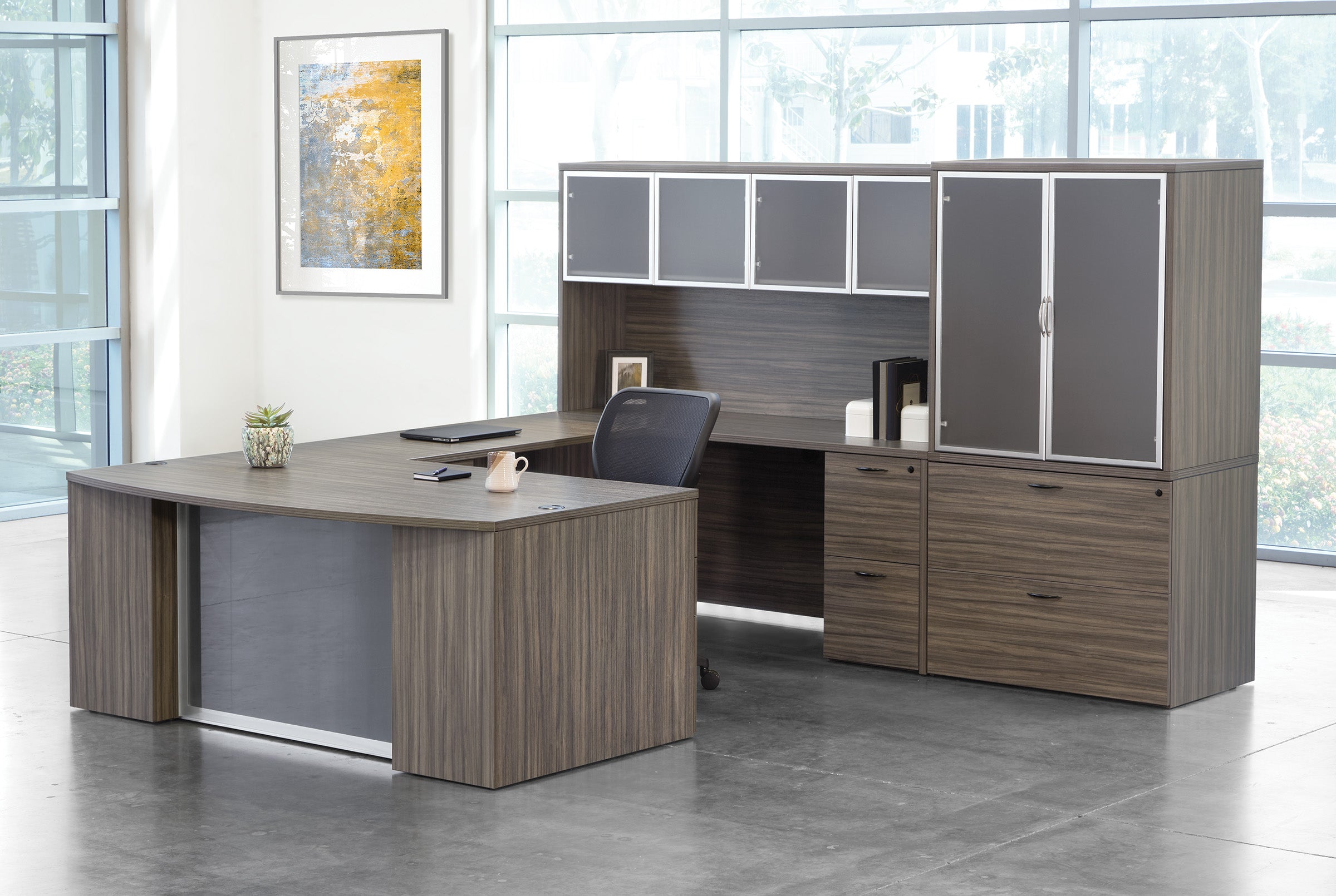 Napa U-Shape w/ Hutch and File Storage + Modesty Panel 107" x 112 - Urban Walnut