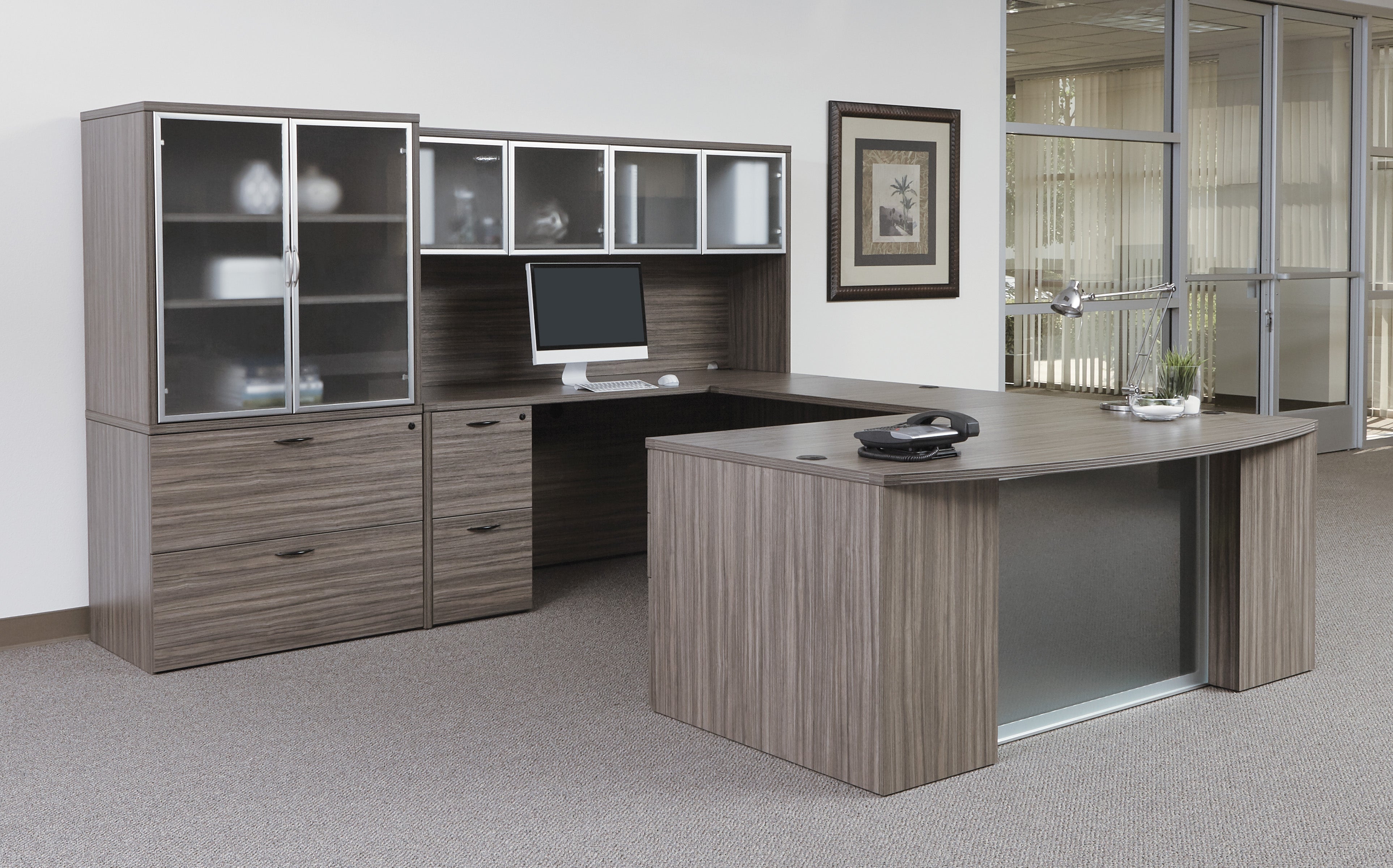 Napa U-Shape w/ Hutch and File Storage + Modesty Panel 107" x 112 - Urban Walnut