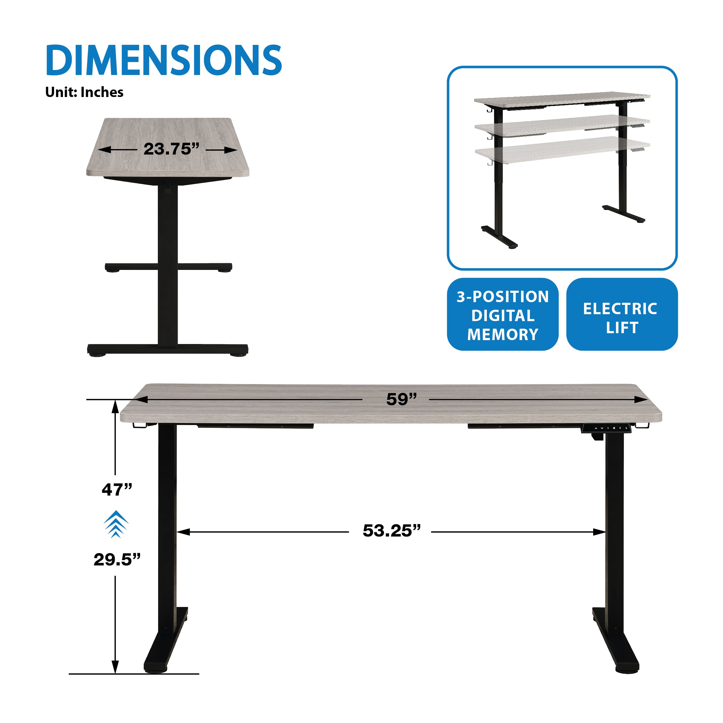 59"W Sit to Stand Electric Desk - Black / Light Grey