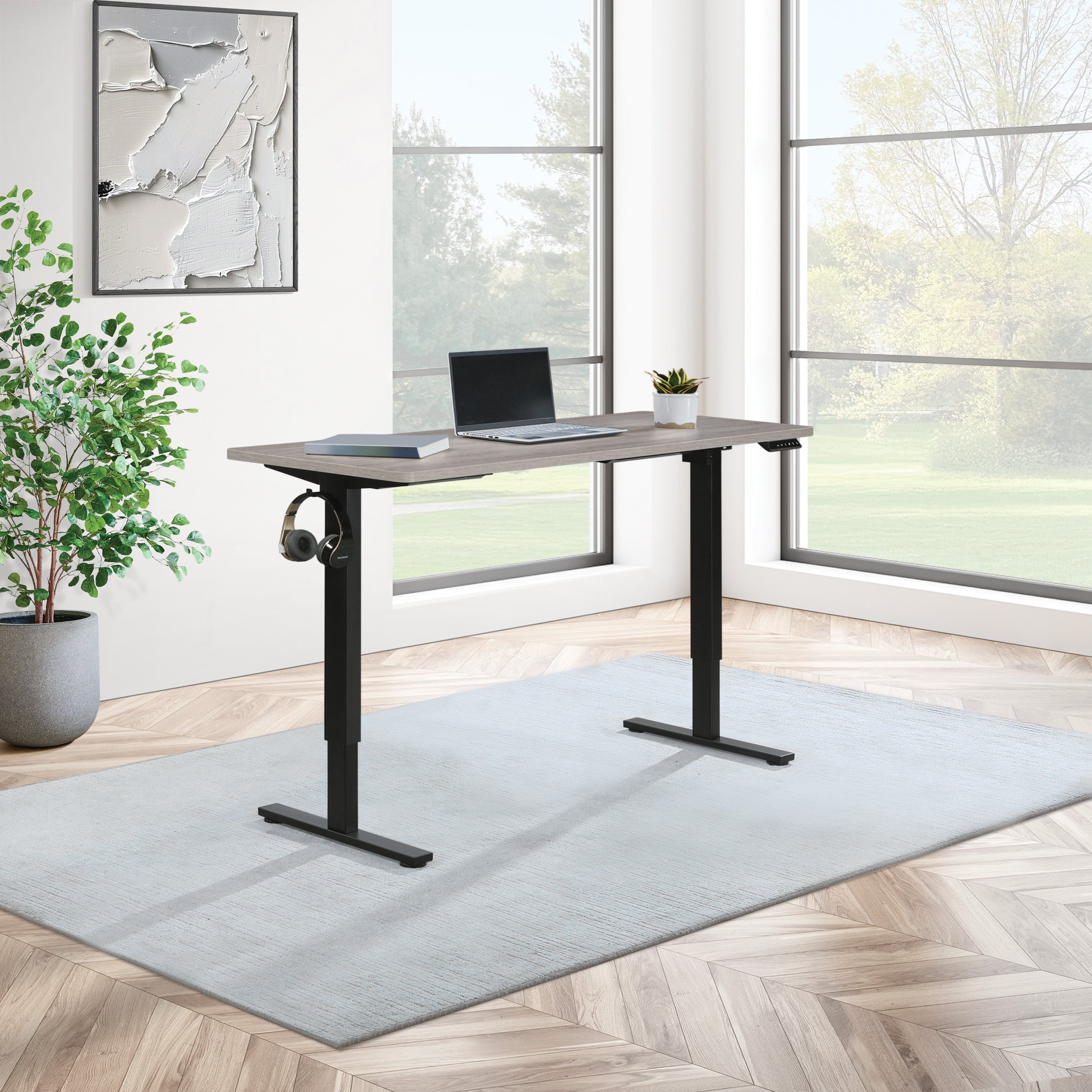 59"W Sit to Stand Electric Desk - Black / Light Grey