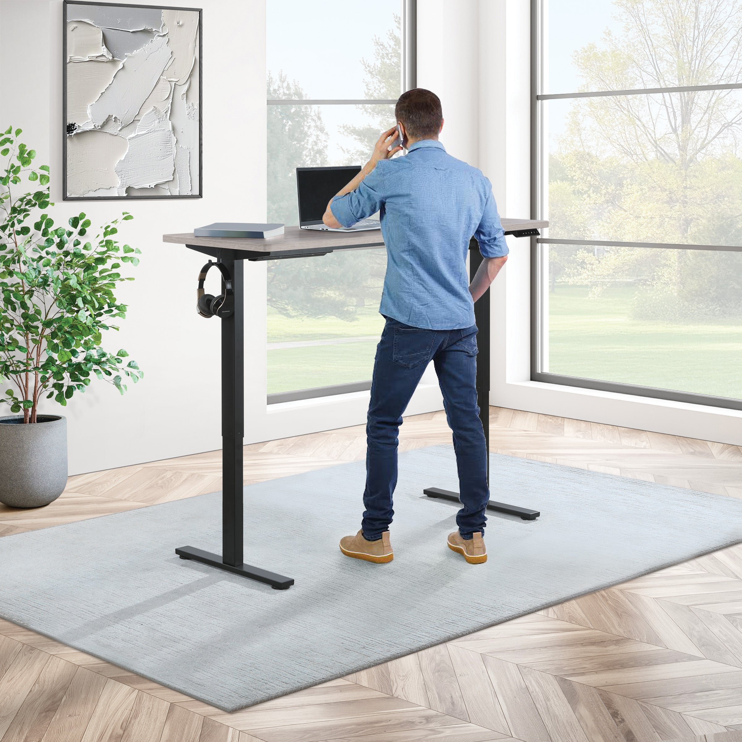 59"W Sit to Stand Electric Desk - Black / Light Grey