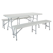 3 Piece Folding Table and Bench Set - Light Grey