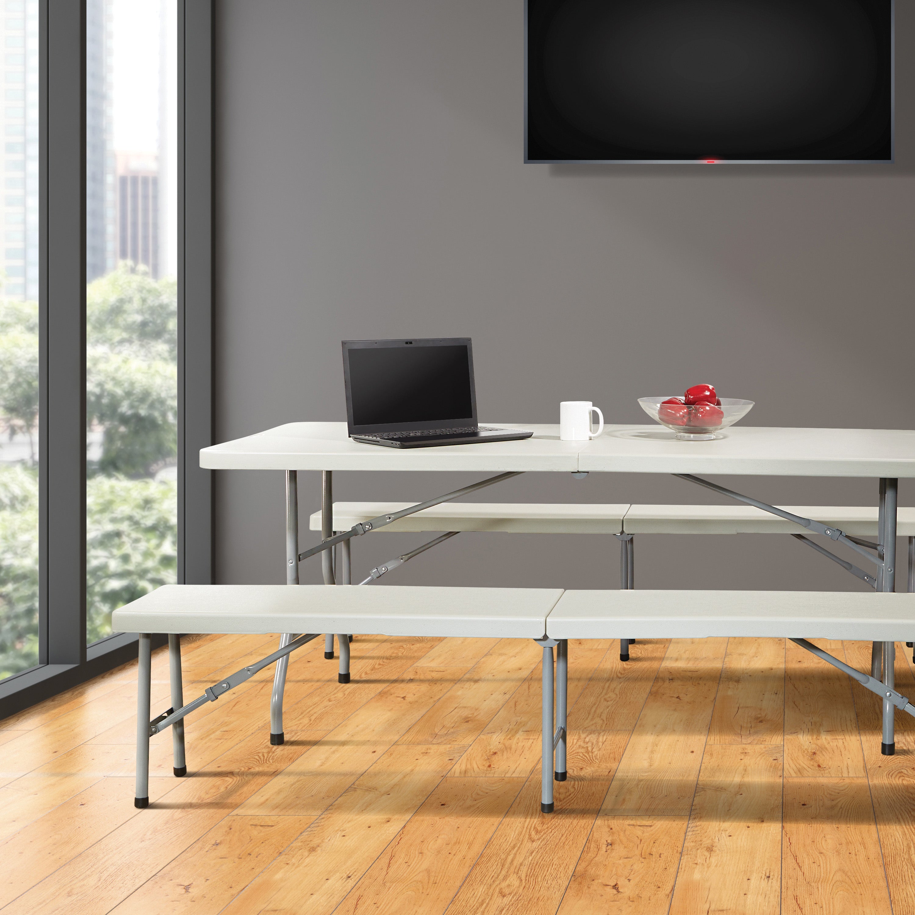 3 Piece Folding Table and Bench Set - Light Grey