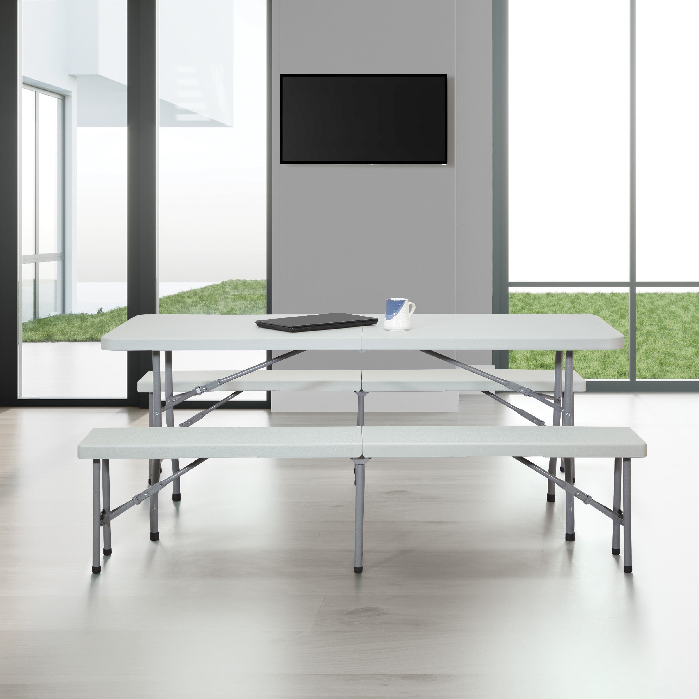 3 Piece Folding Table and Bench Set - Light Grey