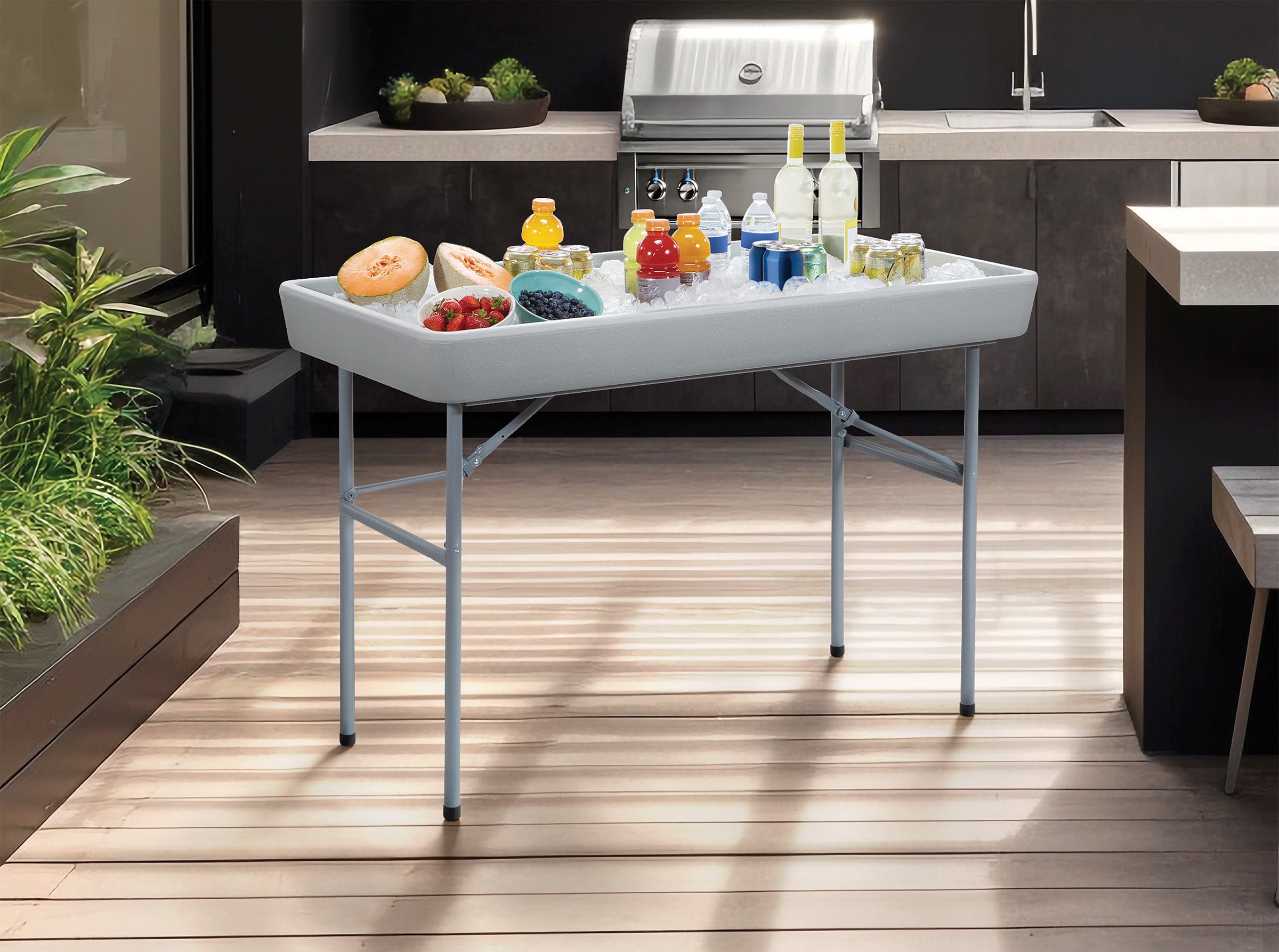 Folding Beverage Ice Cooler Table - Light Grey Speckle