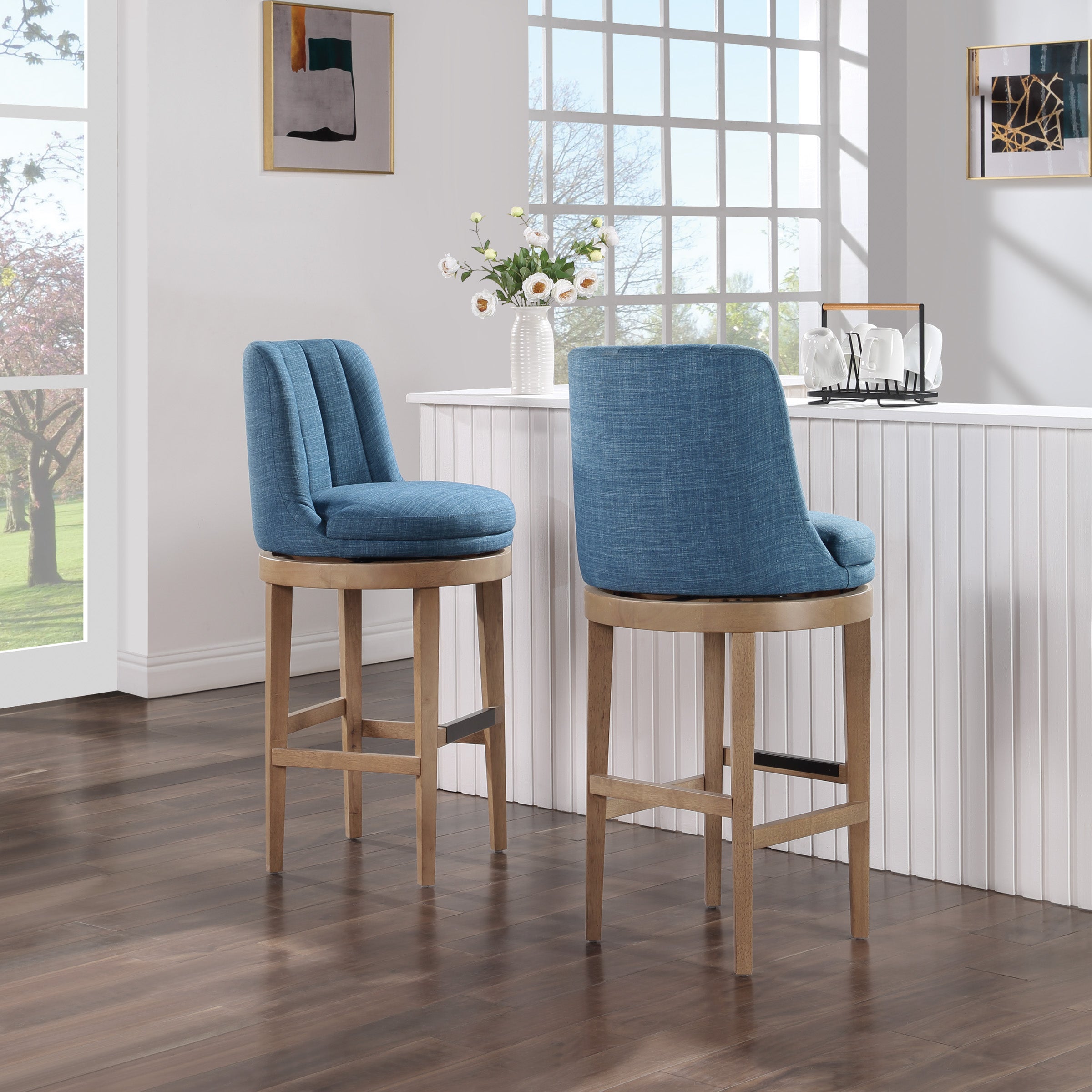 Rowan 2-Pack Swivel Barstool - Navy/Medium Oak