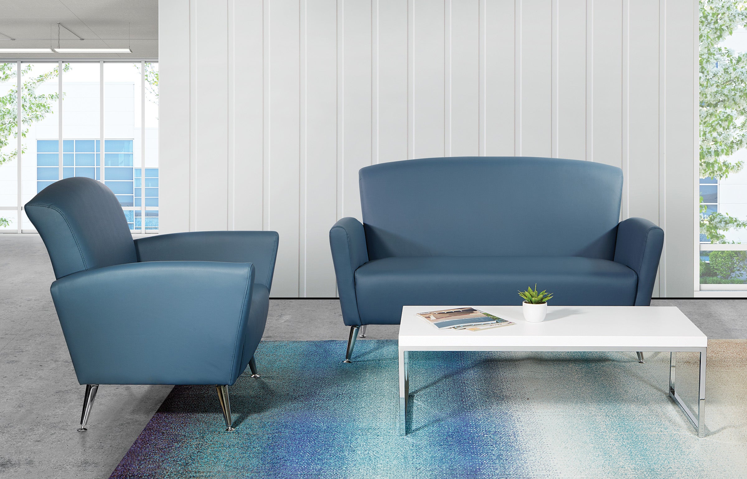 Loveseat in Dillon Blue Faux Leather with Chrome Legs