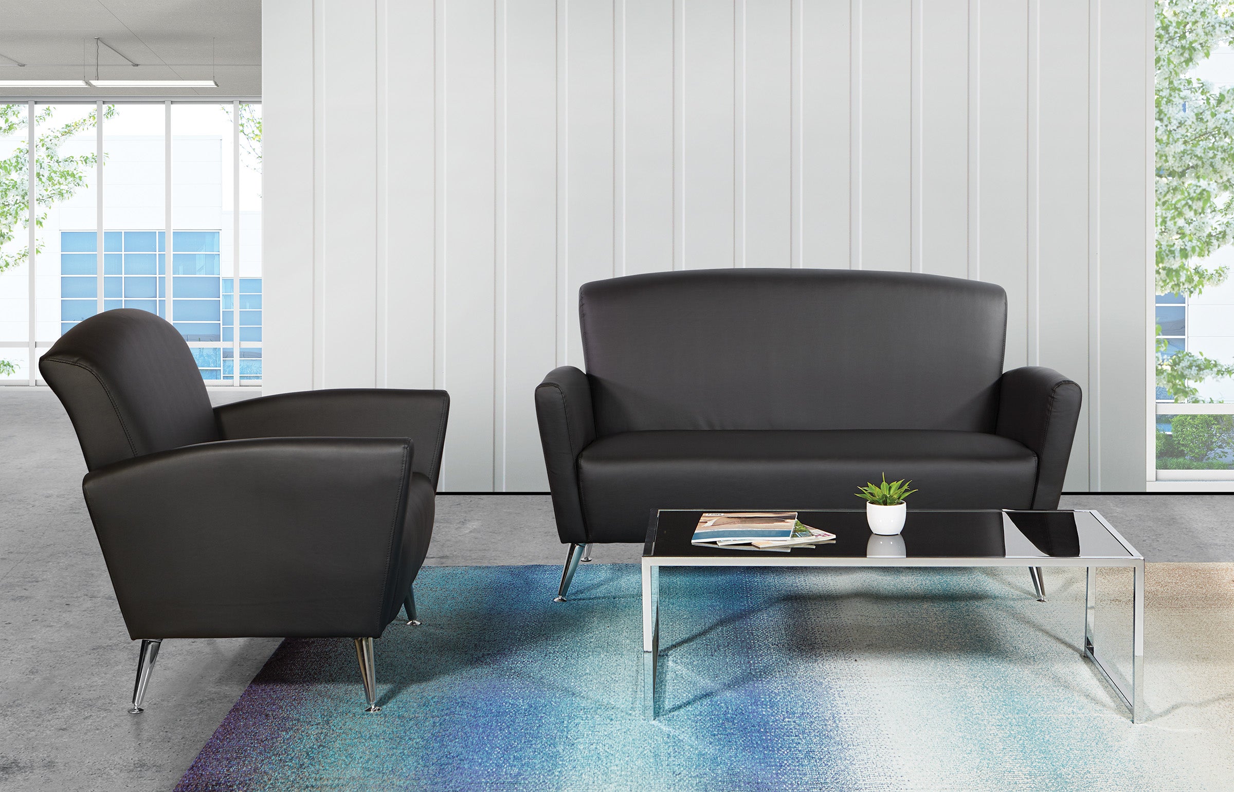 Loveseat in Dillon Black Faux Leather with Chrome Legs