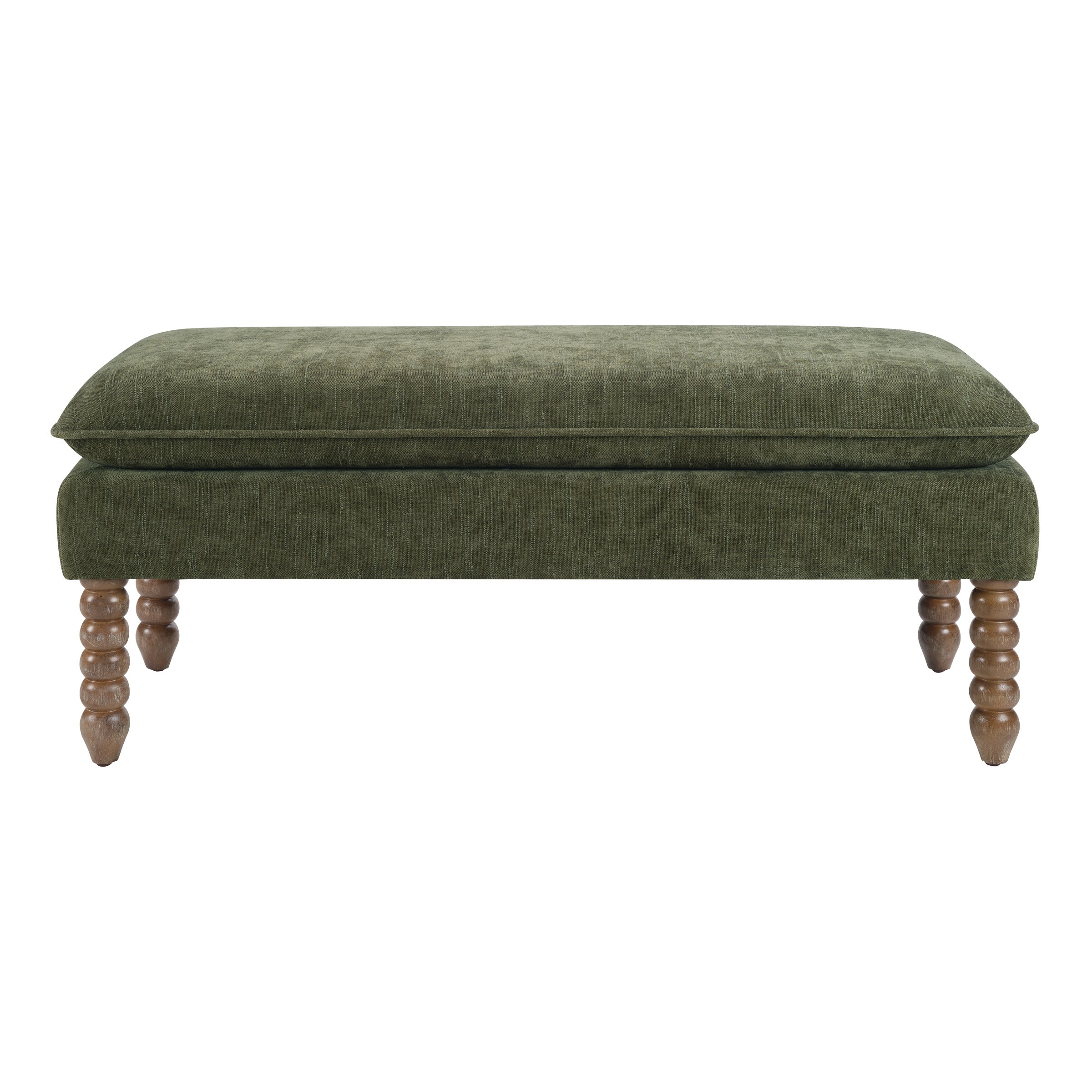 Selina Pillow Top Bench in Bottle Green Fabric With Rustic Brown Finish Spindle Legs