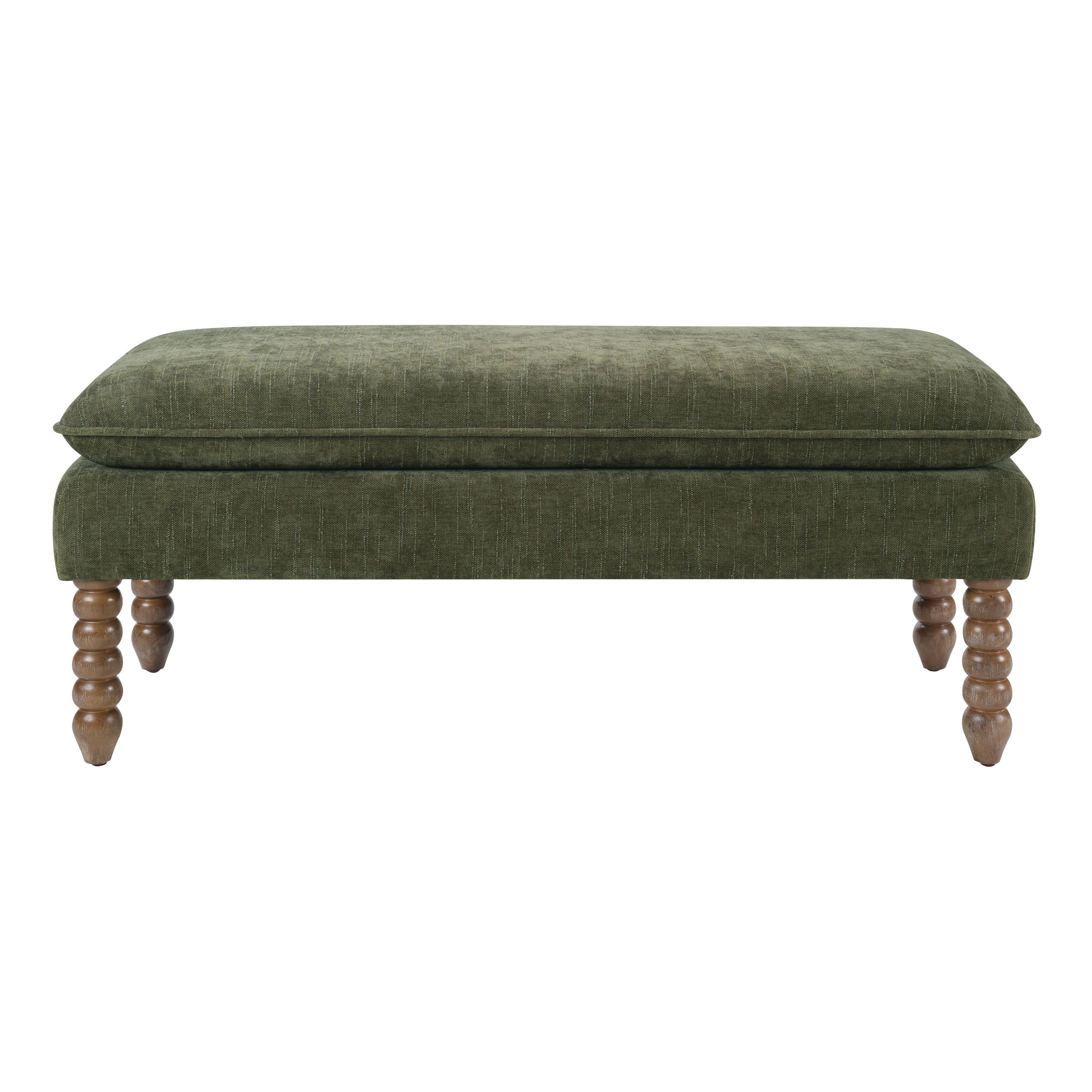 Selina Pillow Top Bench in Bottle Green Fabric With Rustic Brown Finish Spindle Legs