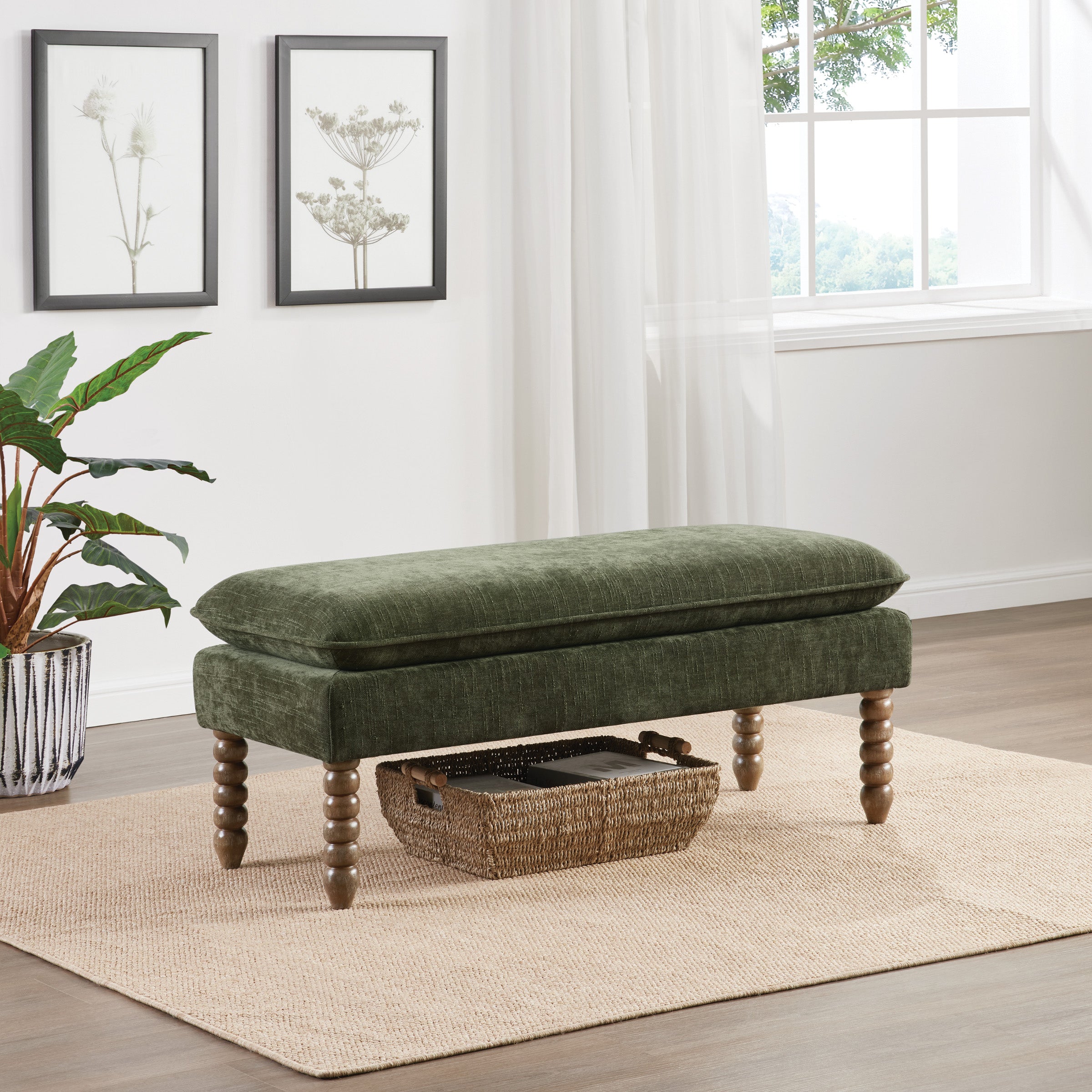 Selina Pillow Top Bench in Bottle Green Fabric With Rustic Brown Finish Spindle Legs
