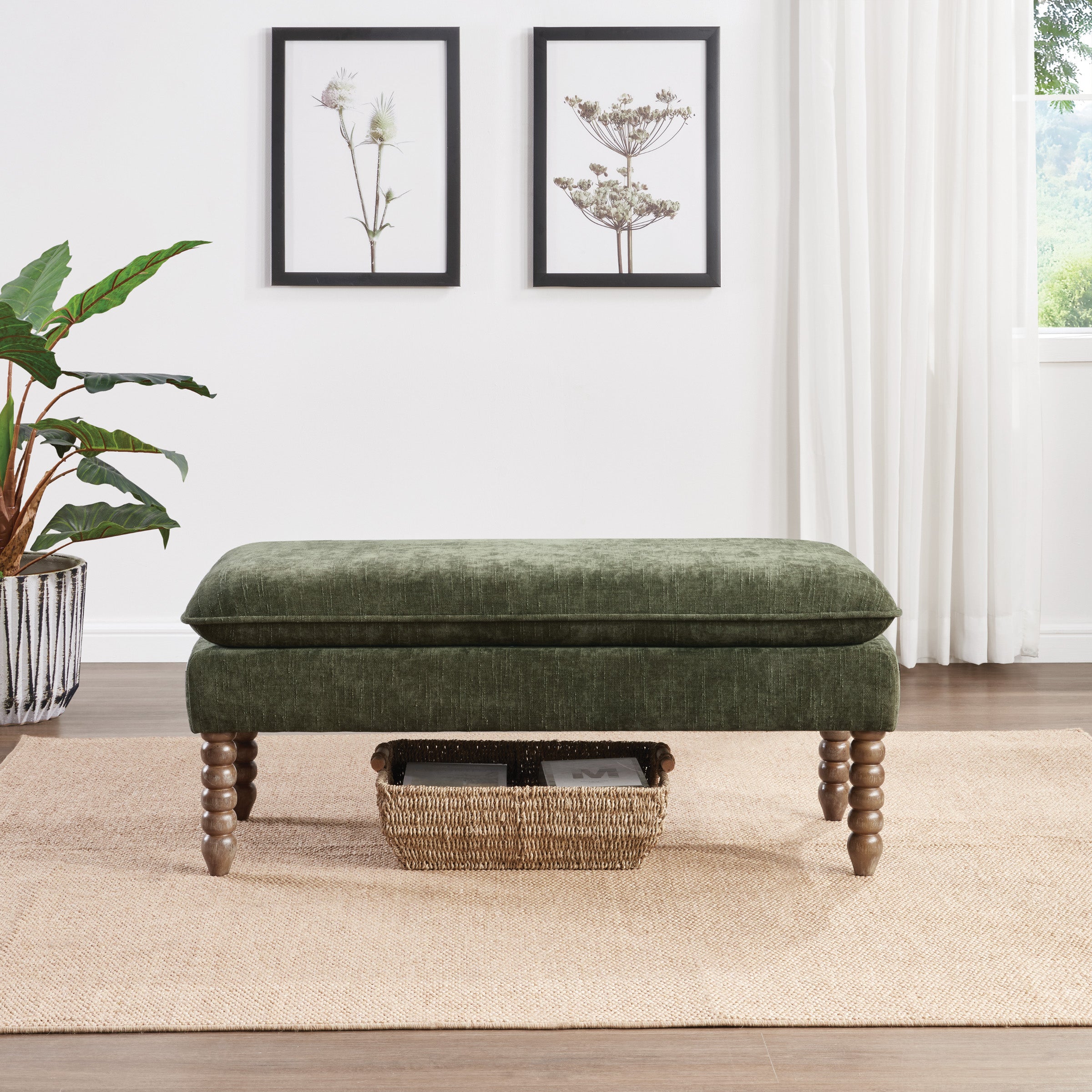 Selina Pillow Top Bench in Bottle Green Fabric With Rustic Brown Finish Spindle Legs