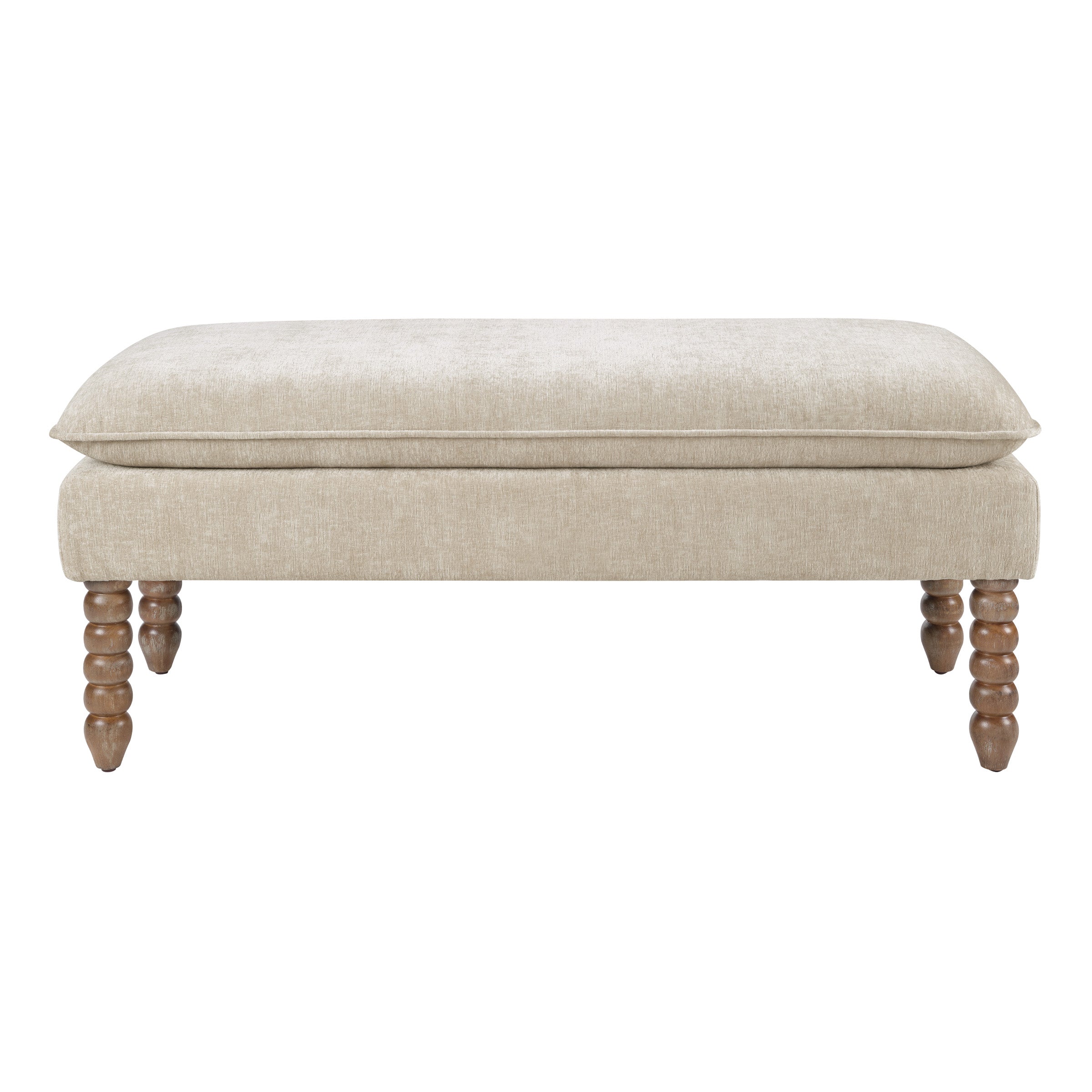 Selina Pillow Top Bench in Linen Fabric With Rustic Brown Finish Spindle Legs