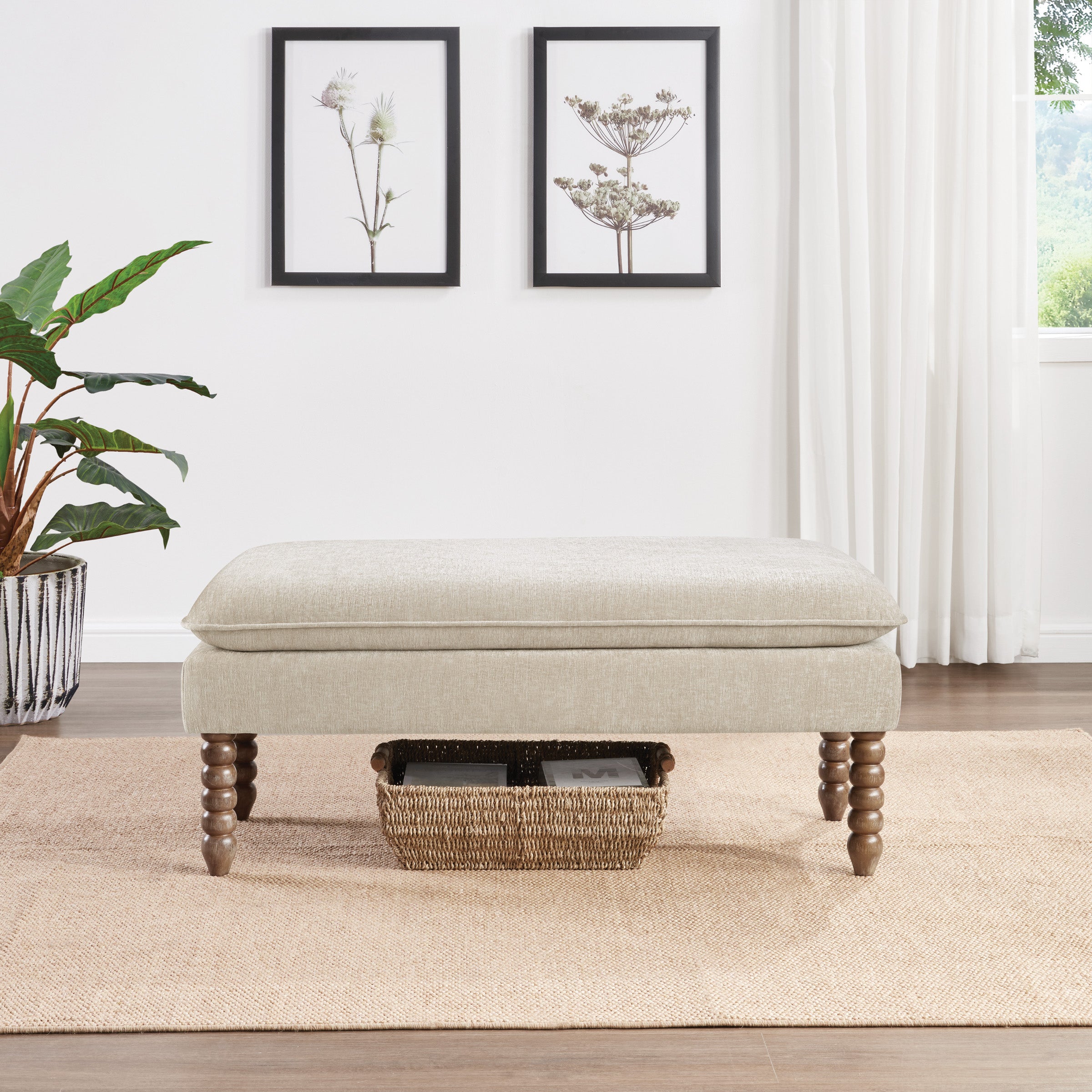 Selina Pillow Top Bench in Linen Fabric With Rustic Brown Finish Spindle Legs