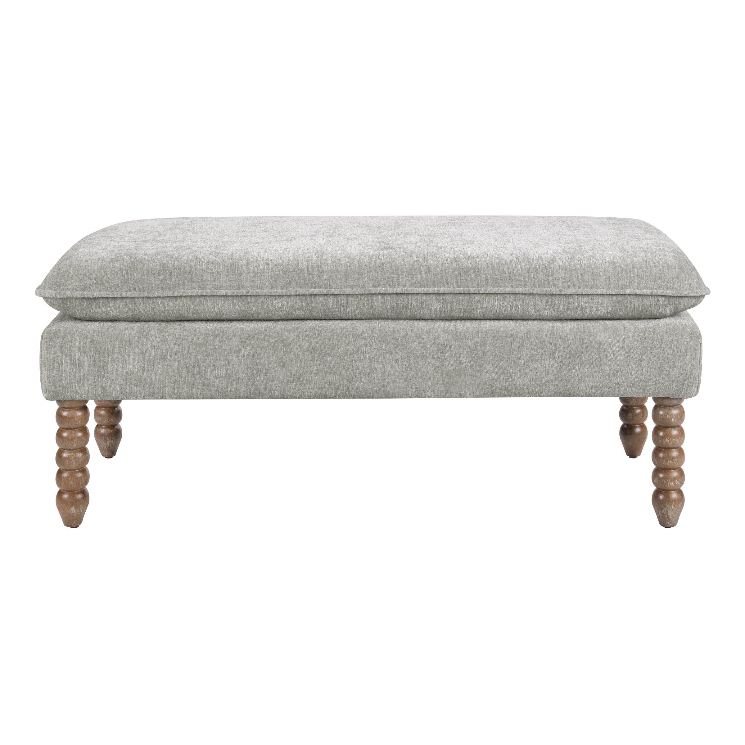 Selina Pillow Top Bench in Fog Fabric With Rustic Brown Finish Spindle Legs