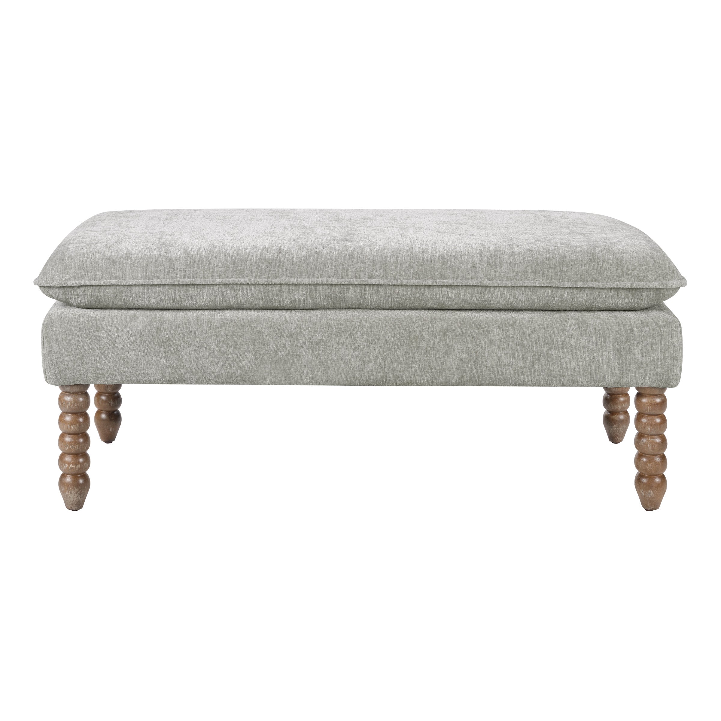 Selina Pillow Top Bench in Fog Fabric With Rustic Brown Finish Spindle Legs