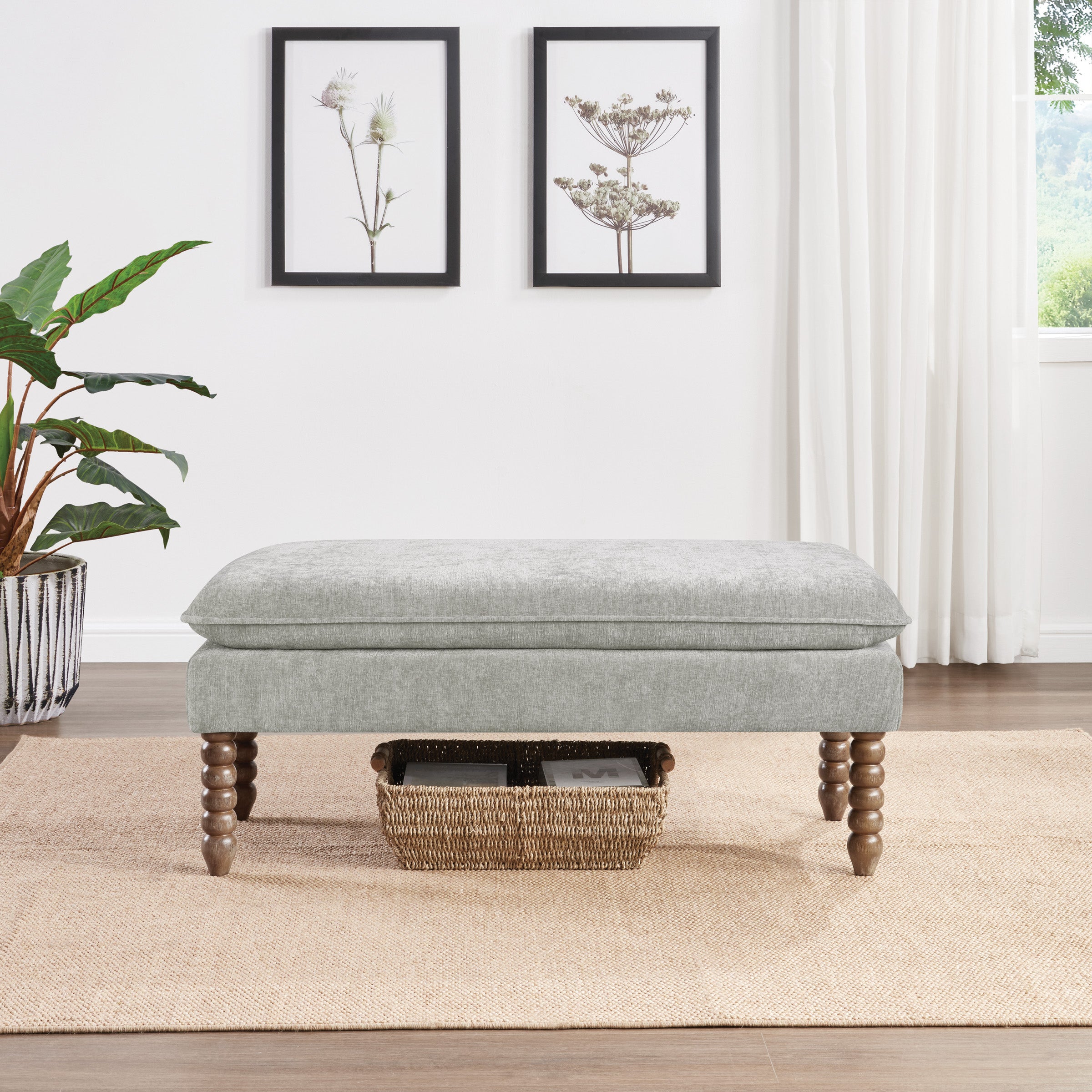 Selina Pillow Top Bench in Fog Fabric With Rustic Brown Finish Spindle Legs