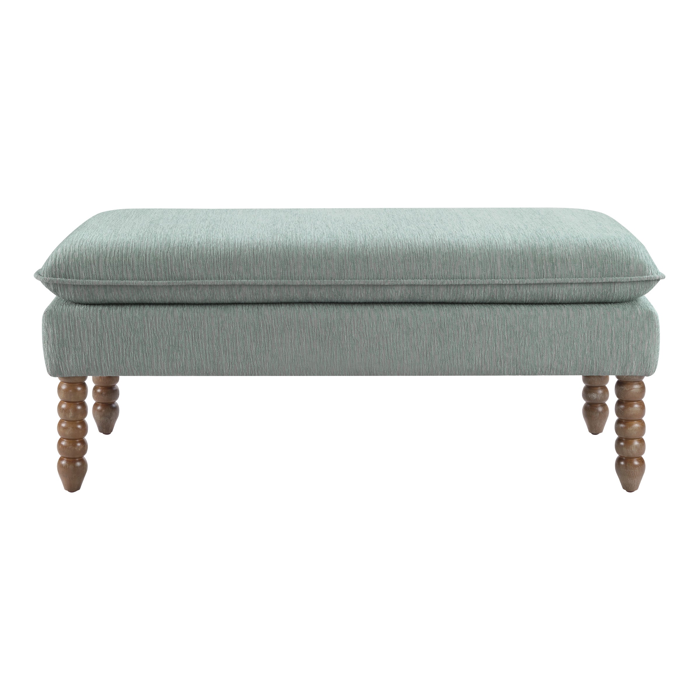 Selina Pillow Top Bench in Mist Fabric With Rustic Brown Finish Spindle Legs