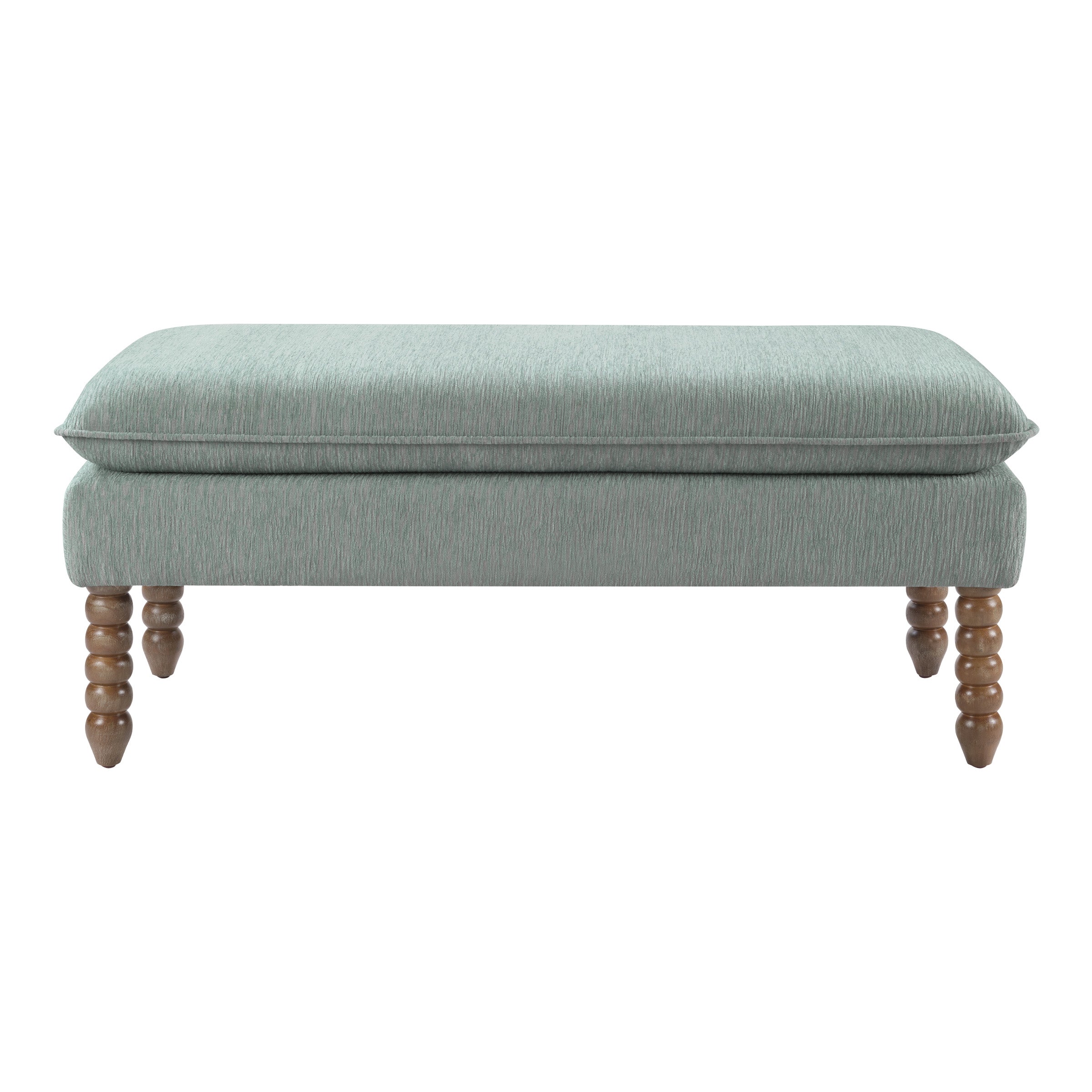 Selina Pillow Top Bench in Mist Fabric With Rustic Brown Finish Spindle Legs