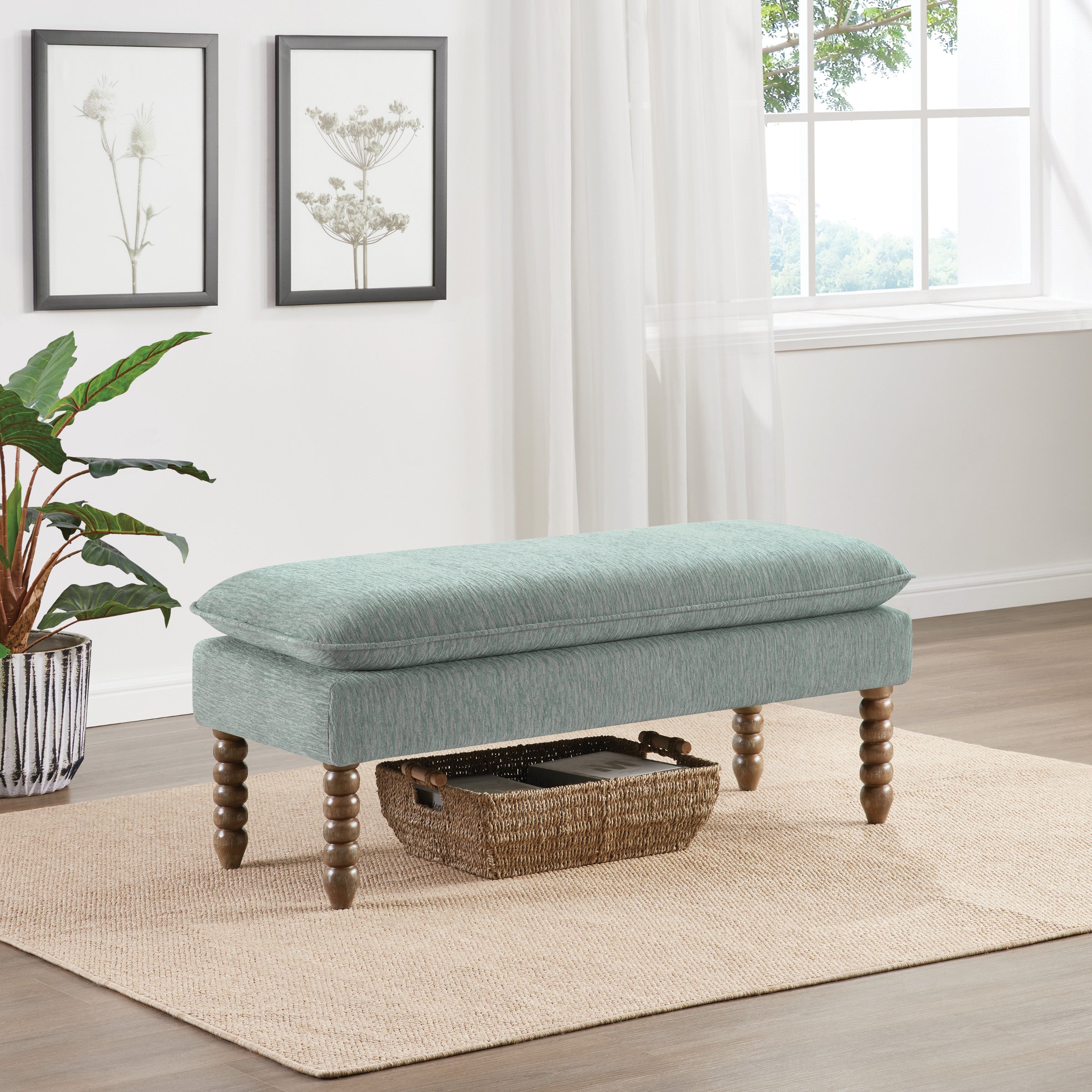 Selina Pillow Top Bench in Mist Fabric With Rustic Brown Finish Spindle Legs
