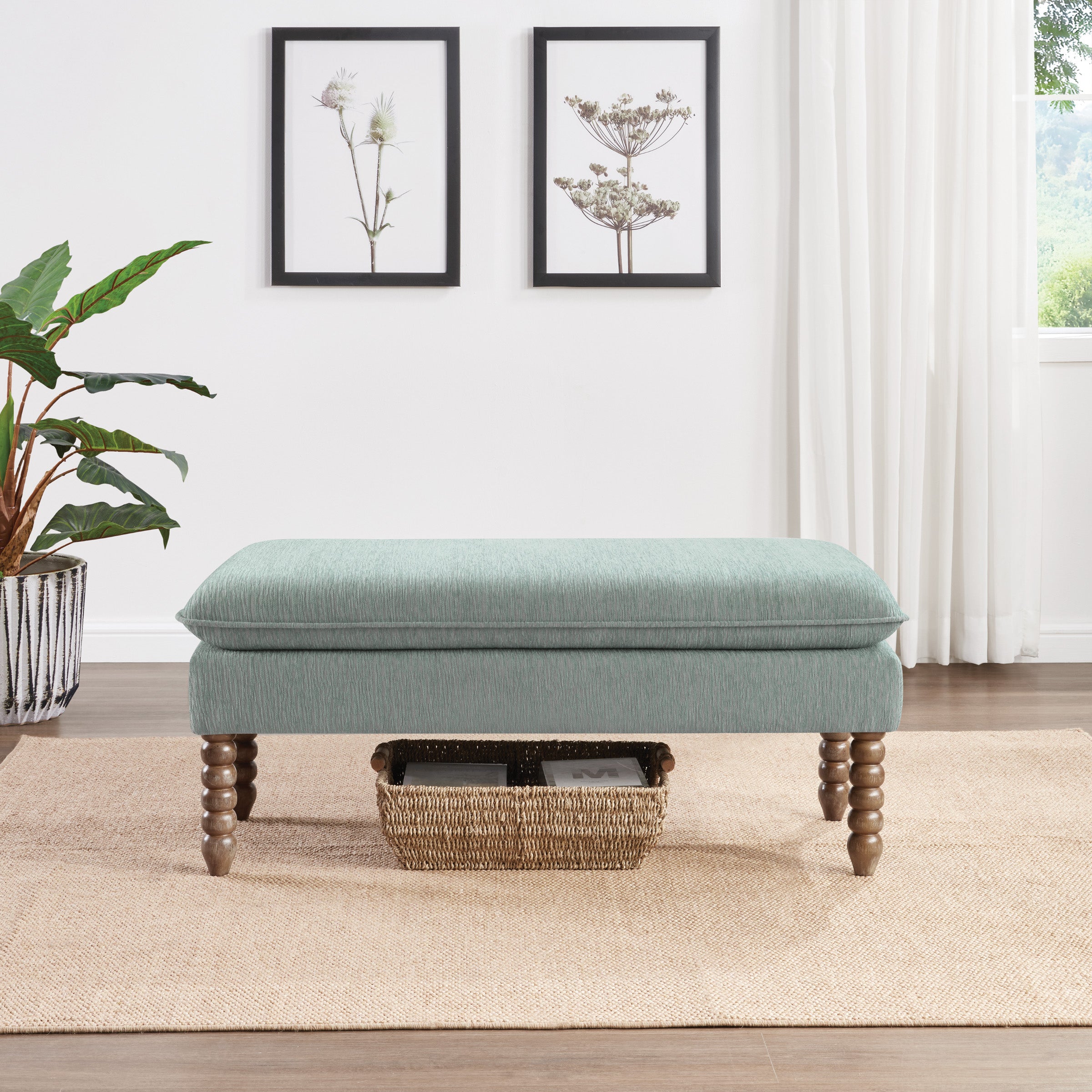 Selina Pillow Top Bench in Mist Fabric With Rustic Brown Finish Spindle Legs