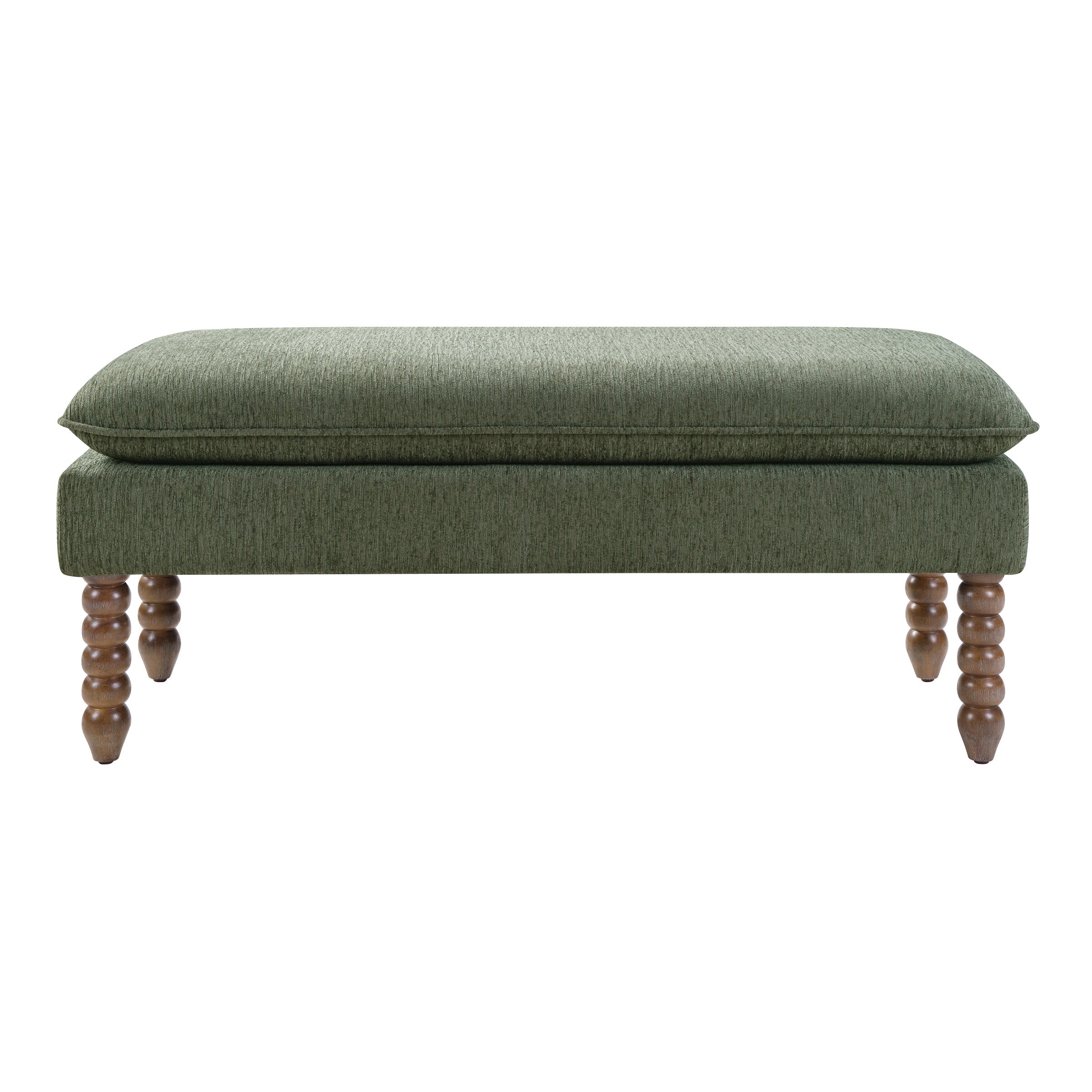 Selina Pillow Top Bench in Pine Fabric With Rustic Brown Finish Spindle Legs