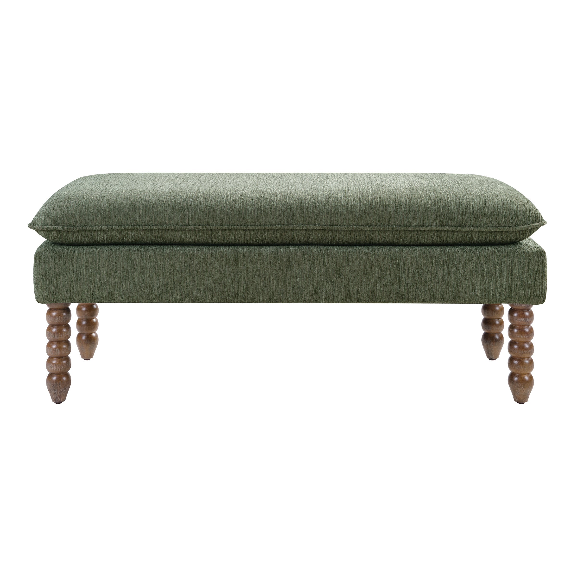 Selina Pillow Top Bench in Pine Fabric With Rustic Brown Finish Spindle Legs