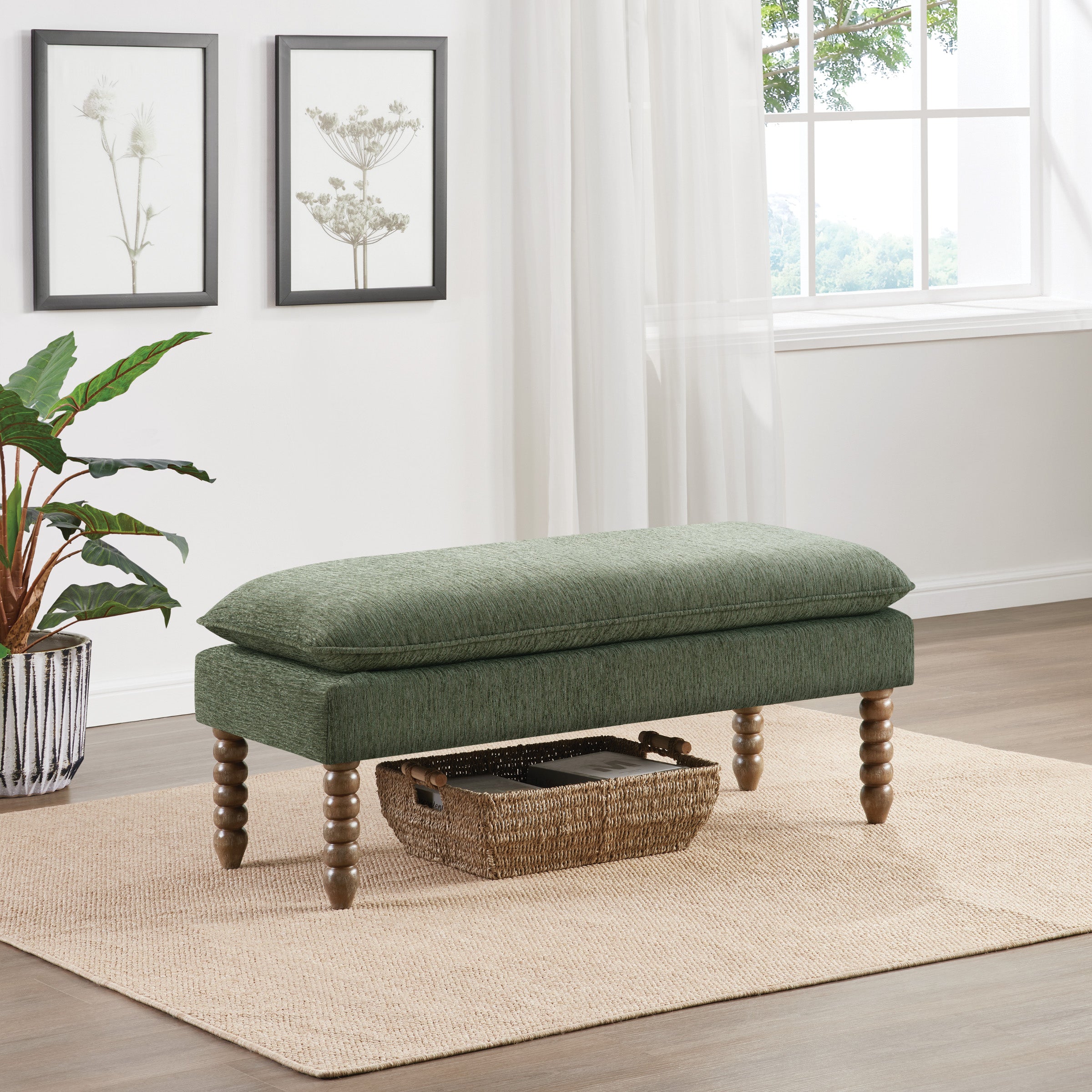 Selina Pillow Top Bench in Pine Fabric With Rustic Brown Finish Spindle Legs