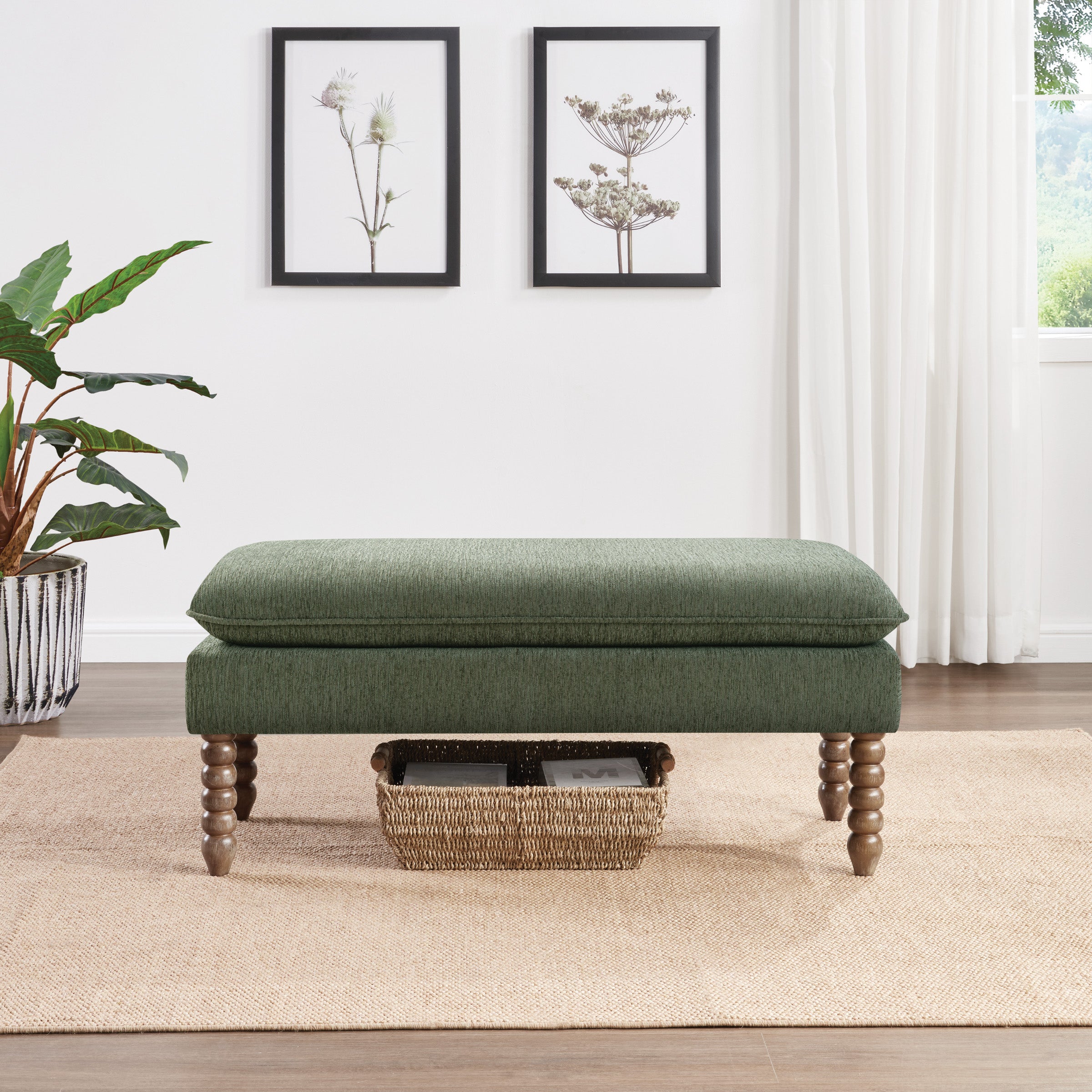 Selina Pillow Top Bench in Pine Fabric With Rustic Brown Finish Spindle Legs
