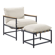 Sanders Sling Chair & Ottoman set with Matte Black Metal Frame with Wood Armrests in Ivory Chenille Fabric