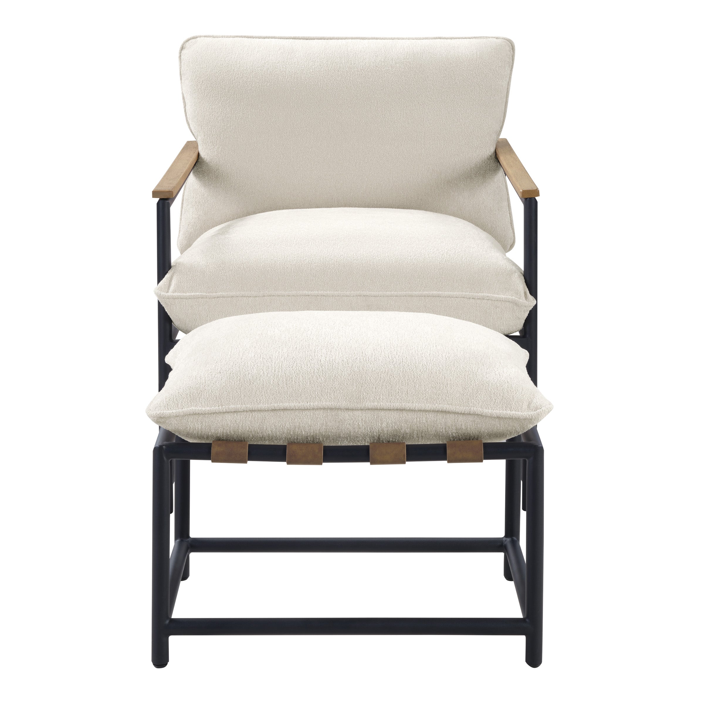 Sanders Sling Chair & Ottoman set with Matte Black Metal Frame with Wood Armrests in Ivory Chenille Fabric
