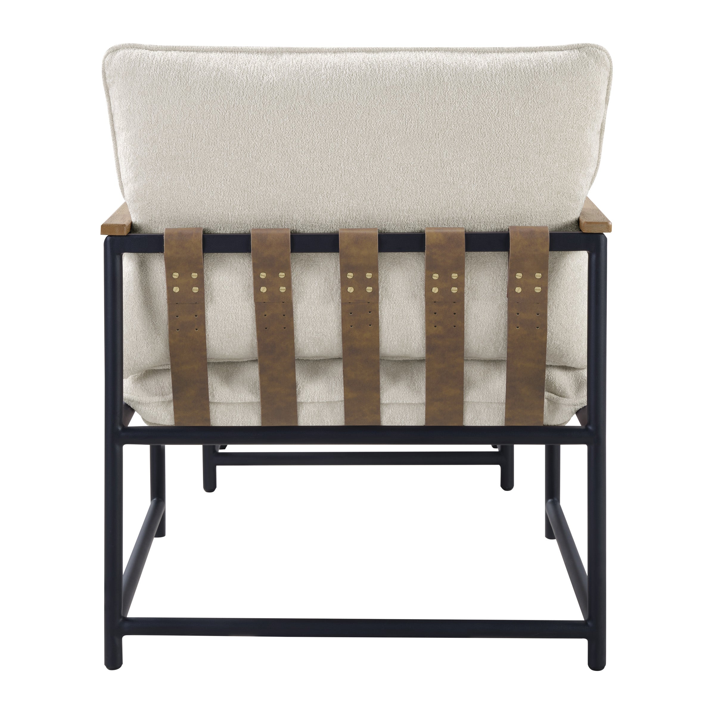 Sanders Sling Chair & Ottoman set with Matte Black Metal Frame with Wood Armrests in Ivory Chenille Fabric