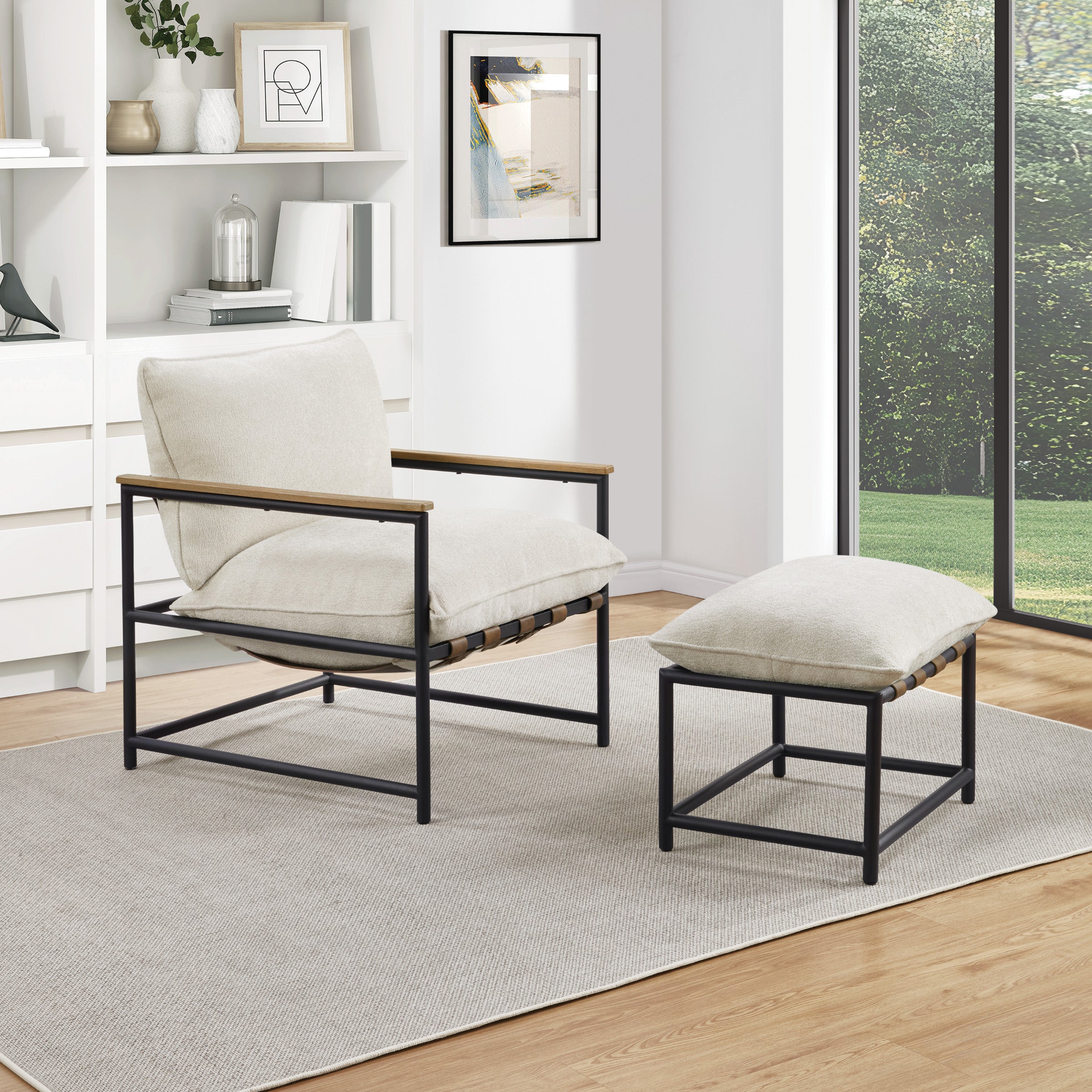 Sanders Sling Chair & Ottoman set with Matte Black Metal Frame with Wood Armrests in Ivory Chenille Fabric