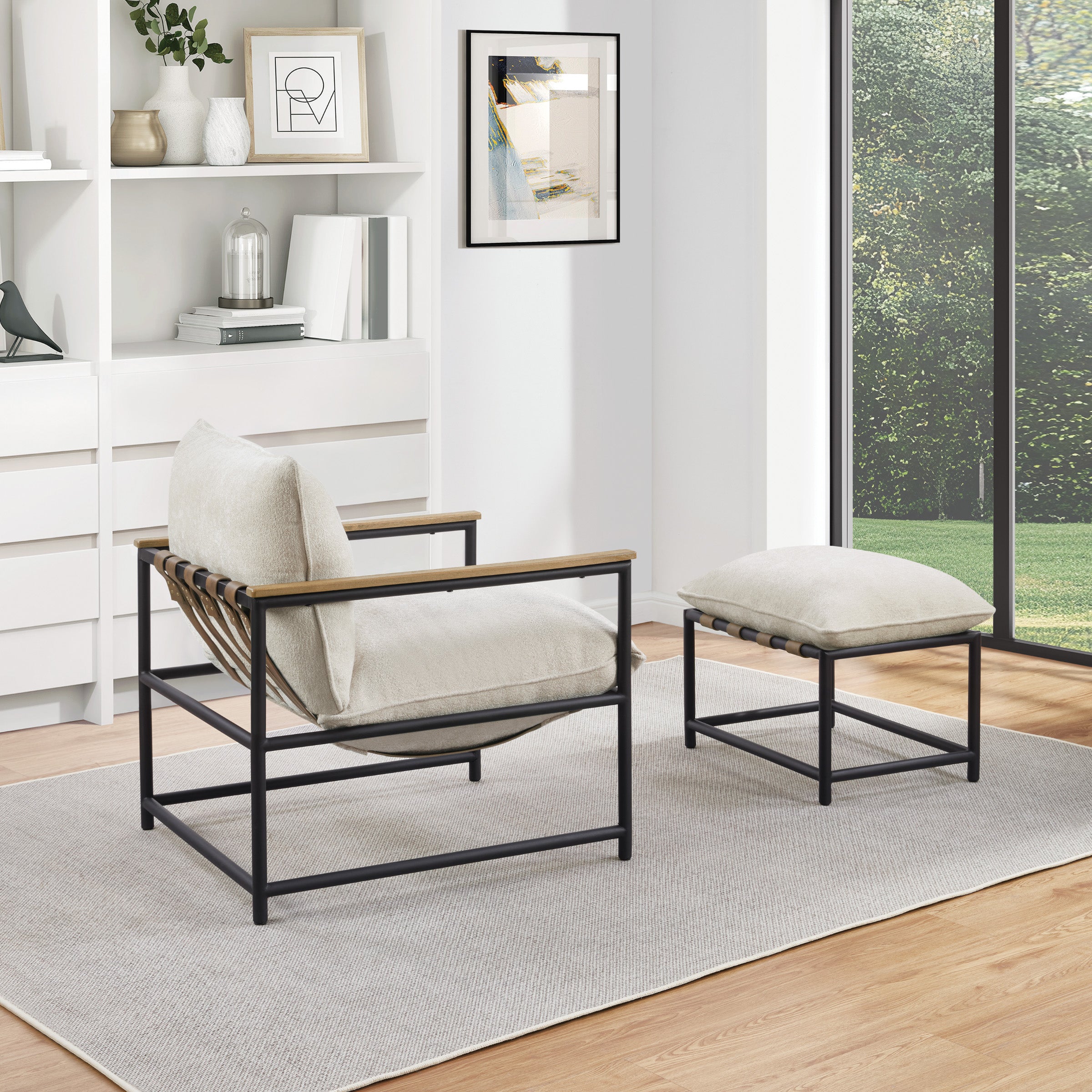 Sanders Sling Chair & Ottoman set with Matte Black Metal Frame with Wood Armrests in Ivory Chenille Fabric