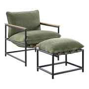 Sanders Sling Chair & Ottoman set with Matte Black Metal Frame with Wood Armrests in Green Chenille Fabric
