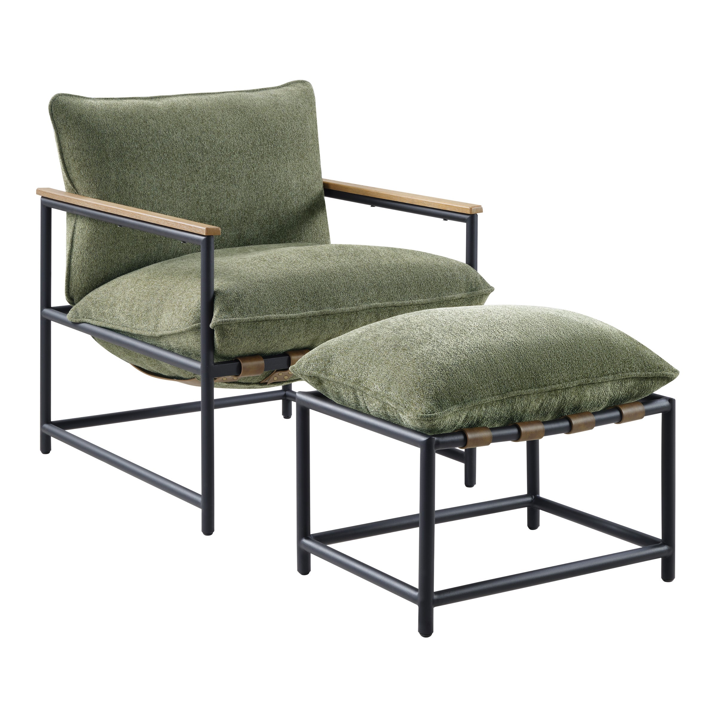 Sanders Sling Chair & Ottoman set with Matte Black Metal Frame with Wood Armrests in Green Chenille Fabric
