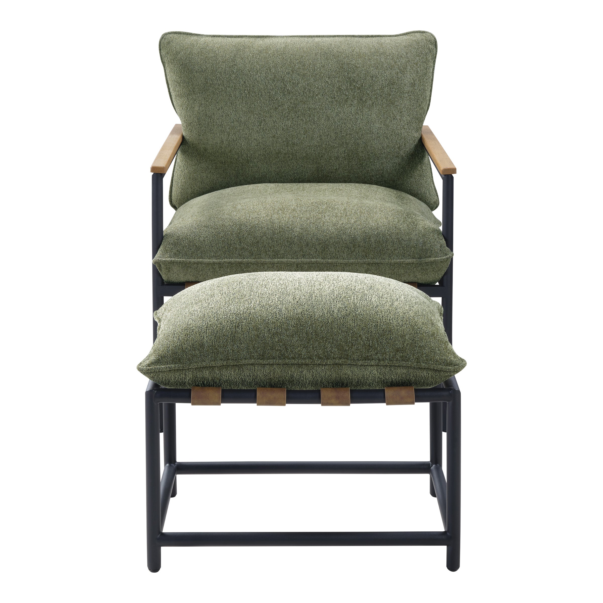Sanders Sling Chair & Ottoman set with Matte Black Metal Frame with Wood Armrests in Green Chenille Fabric