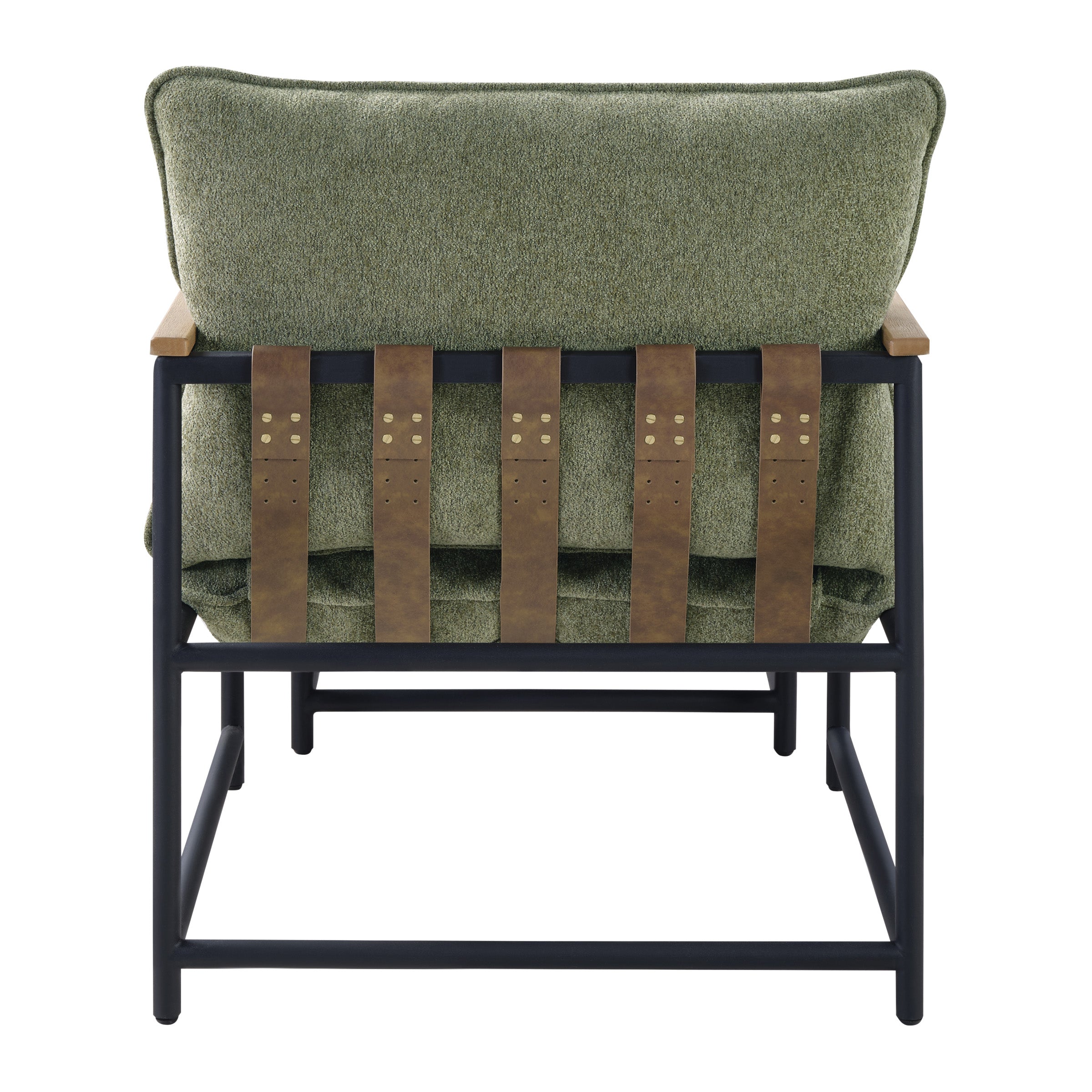 Sanders Sling Chair & Ottoman set with Matte Black Metal Frame with Wood Armrests in Green Chenille Fabric