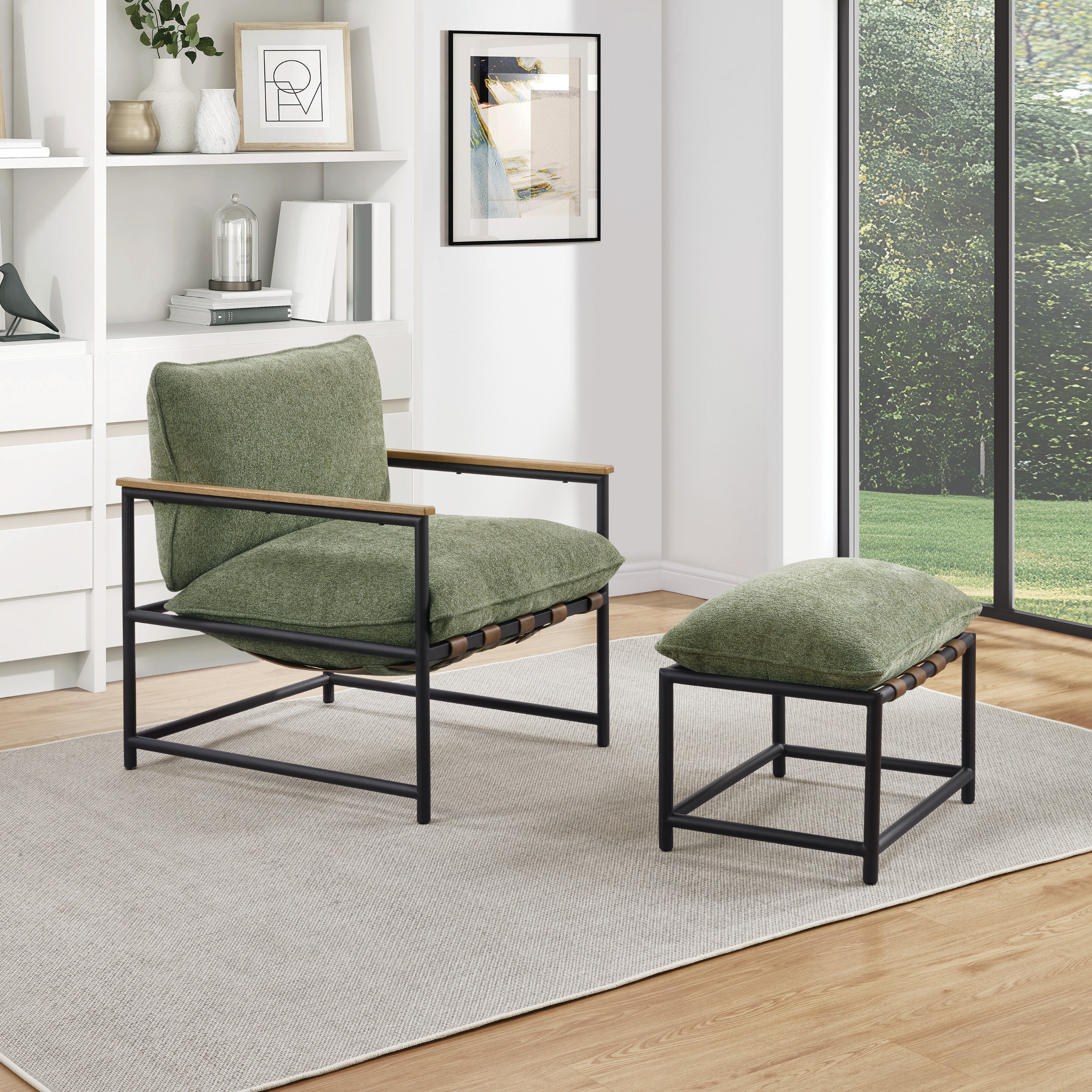 Sanders Sling Chair & Ottoman set with Matte Black Metal Frame with Wood Armrests in Green Chenille Fabric