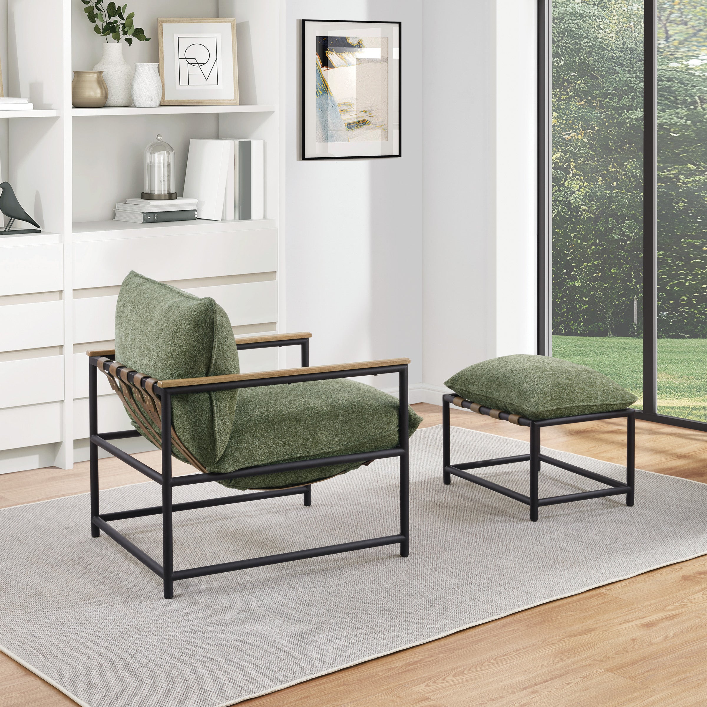 Sanders Sling Chair & Ottoman set with Matte Black Metal Frame with Wood Armrests in Green Chenille Fabric