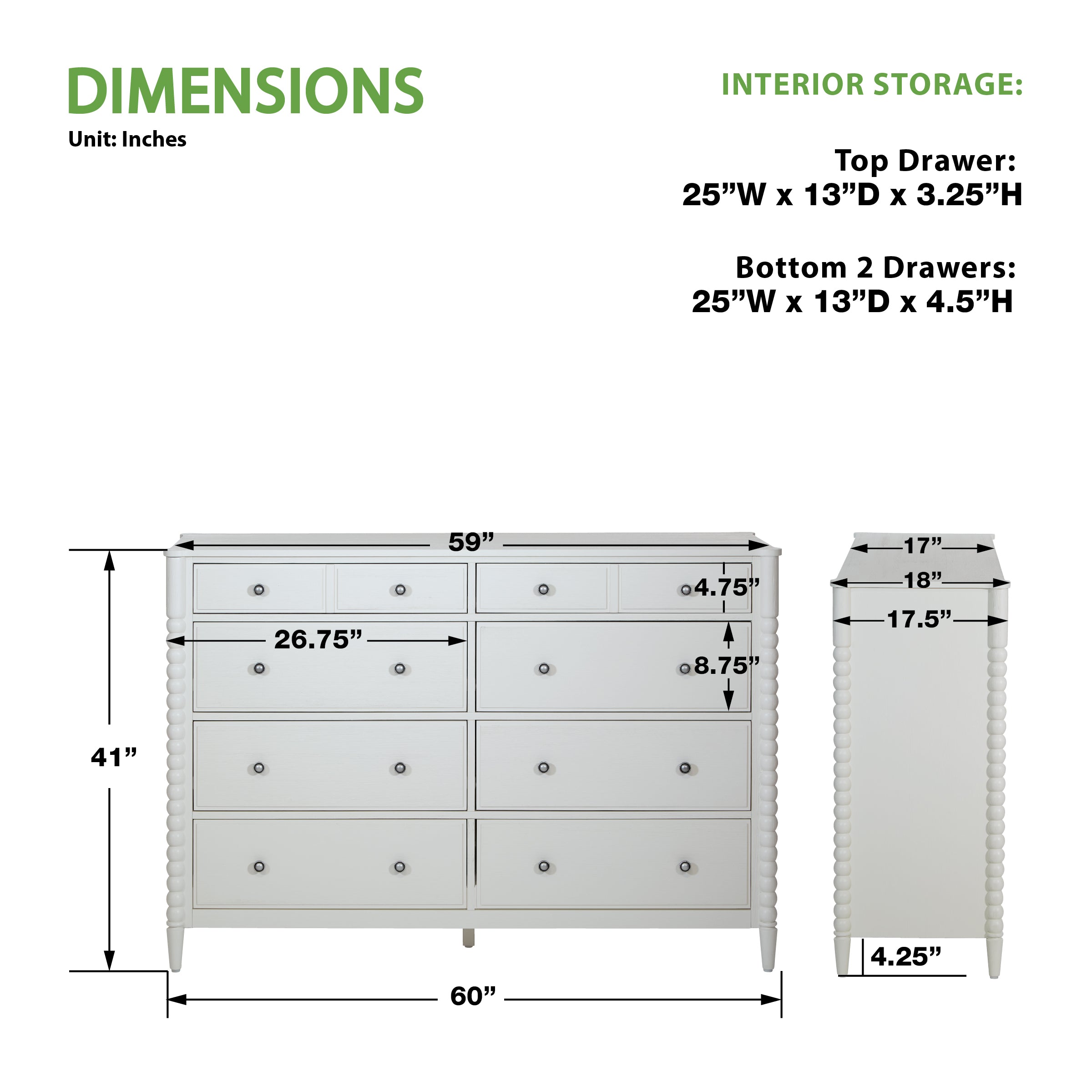 Spindle 8 Drawer Dresser - Sandcastle Antique White
