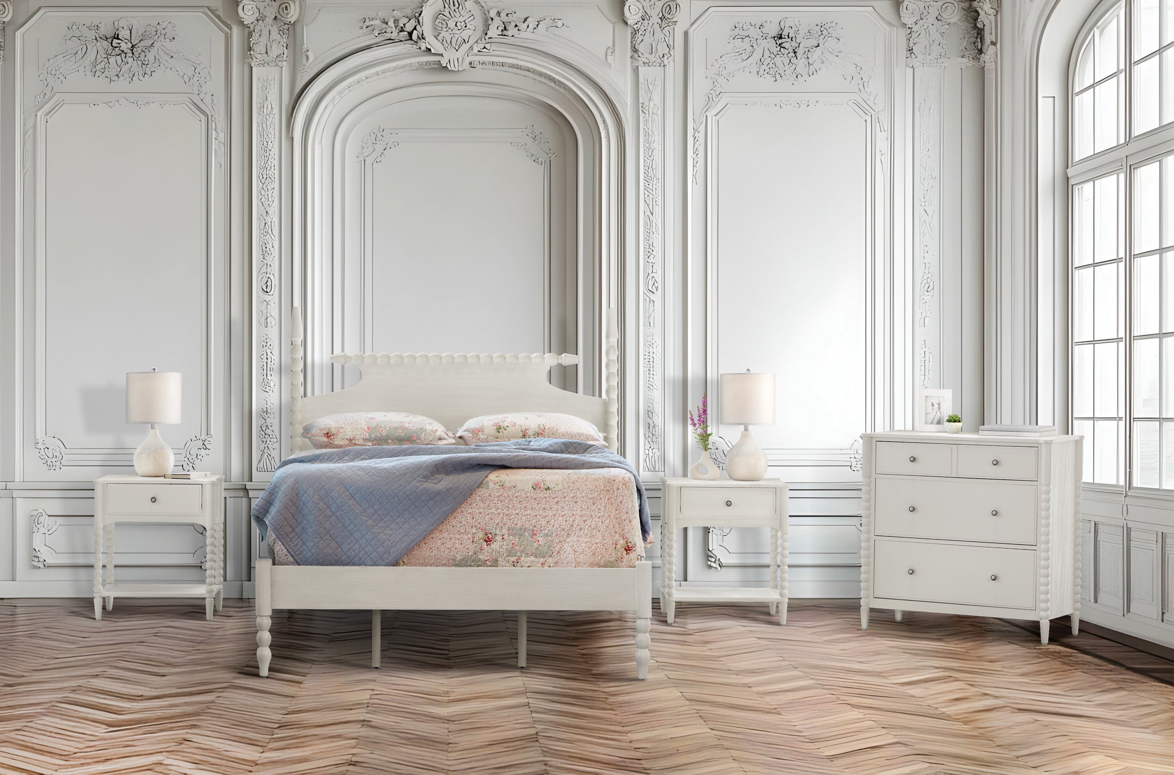 Spindle King bedroom Set - Sandcastle Antique White