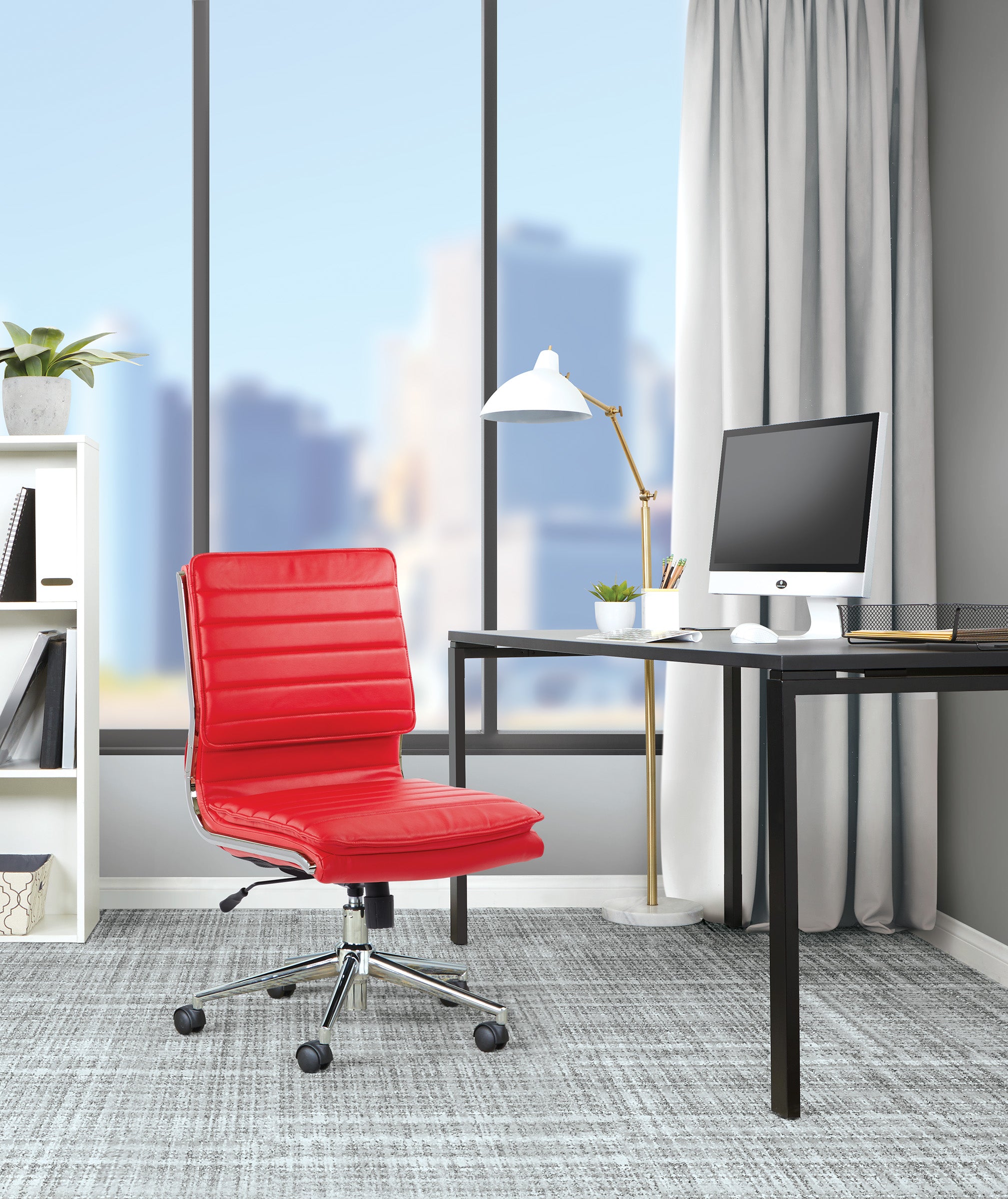 Armless Mid Bk Mgrs Faux Lthr Chair - Red